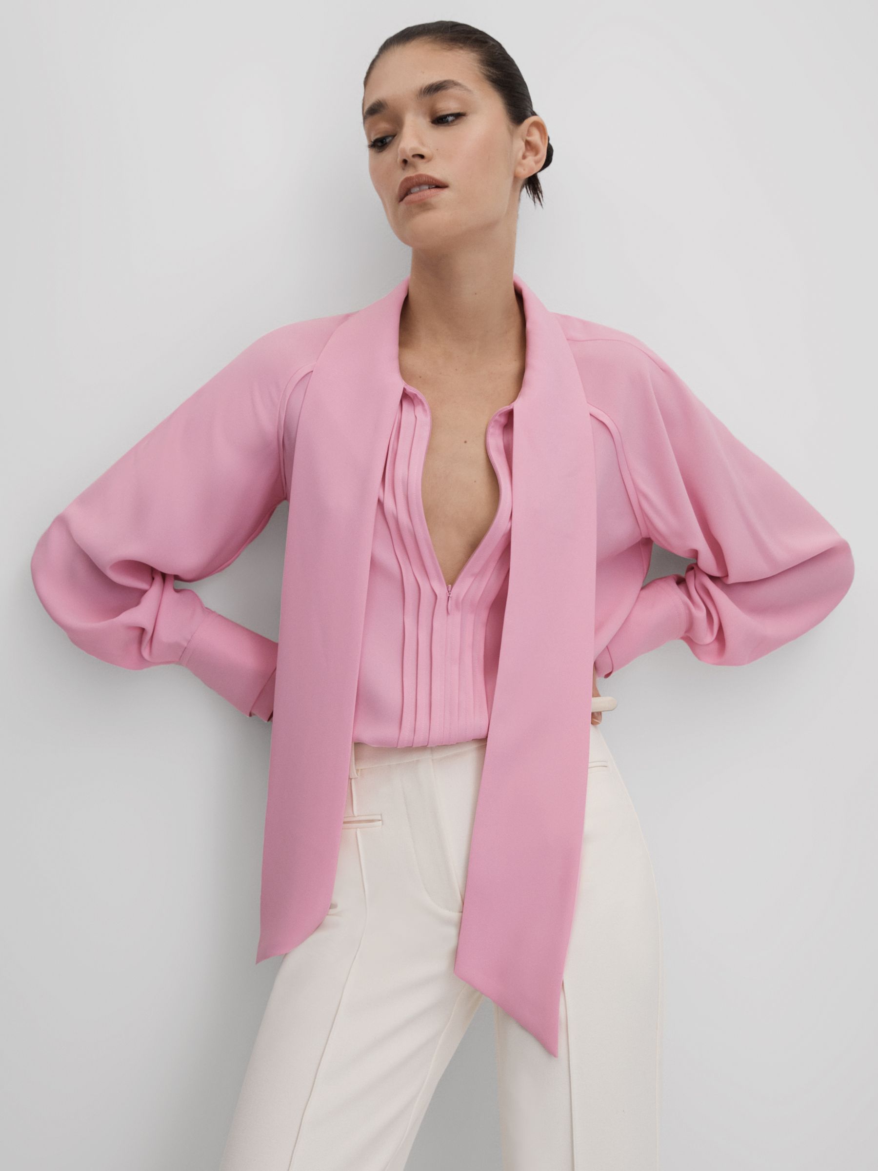 Tie Neck Zip Front Blouse in Pink - Image 3 of 6
