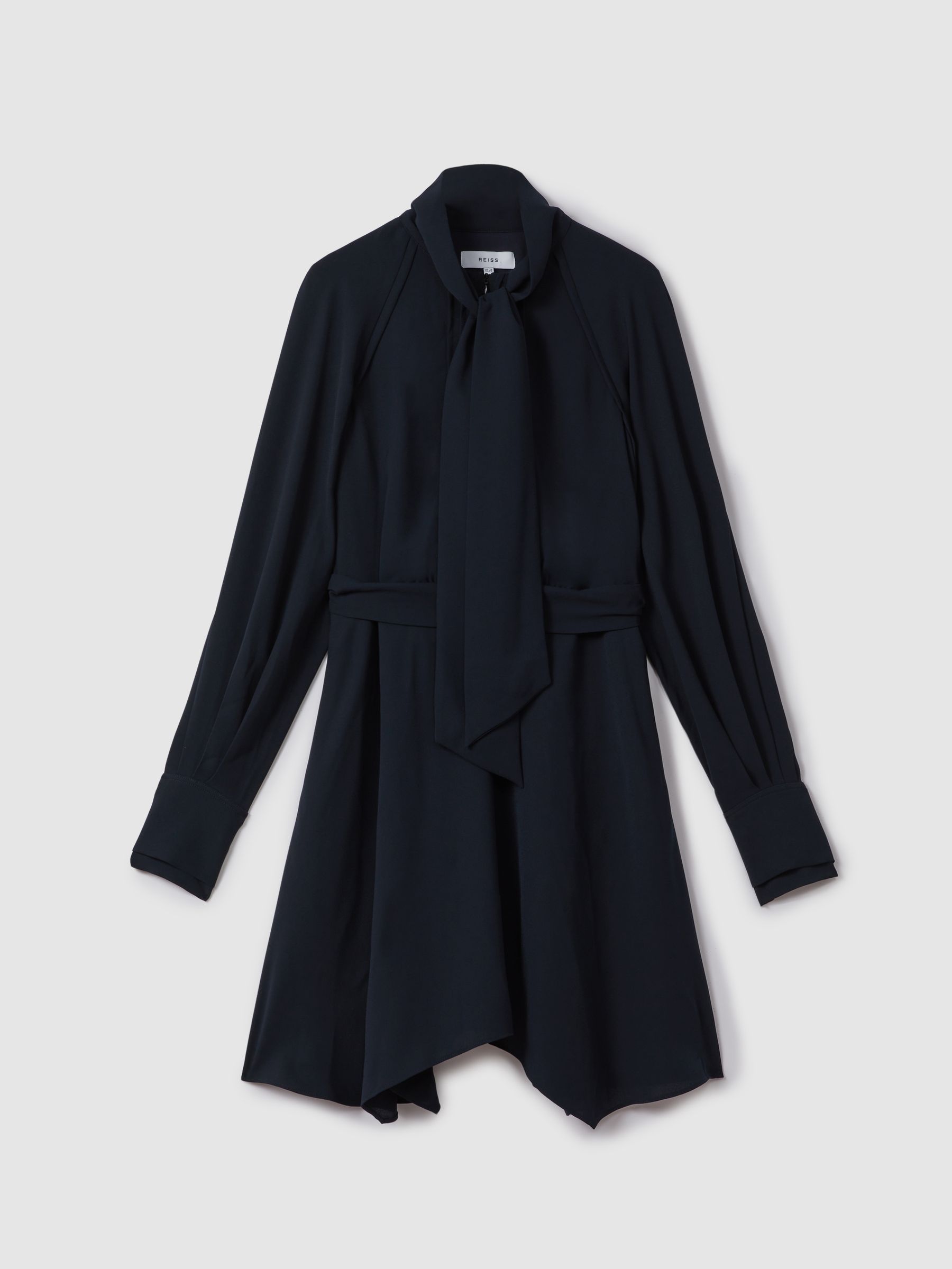 Tie Neck Zip Front Mini Dress in Navy - Image 2 of 6