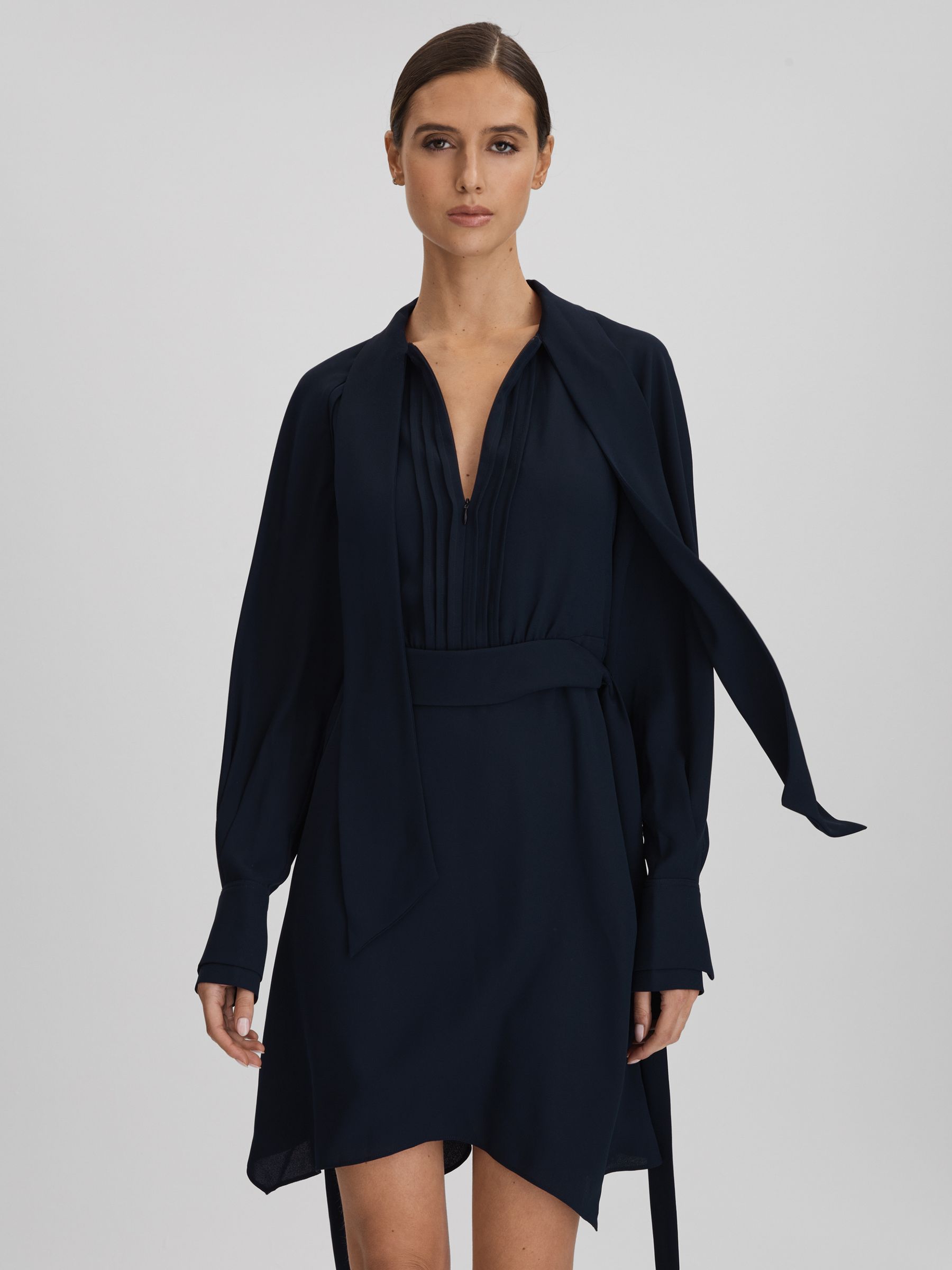 Tie Neck Zip Front Mini Dress in Navy - Image 3 of 6