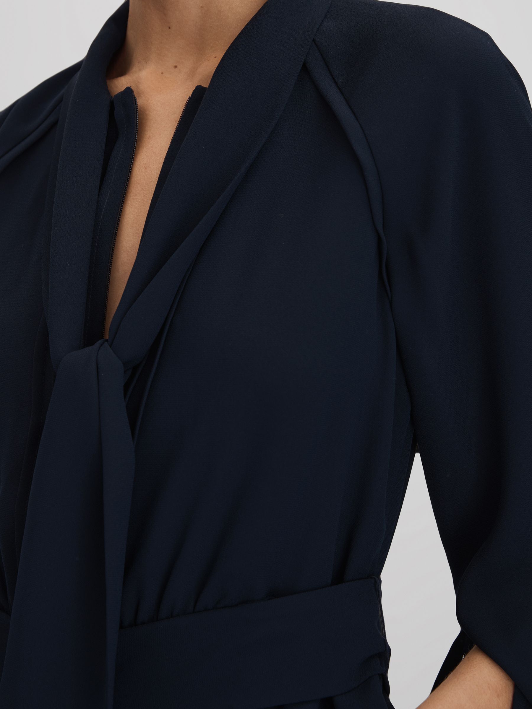 Tie Neck Zip Front Mini Dress in Navy - Image 4 of 6