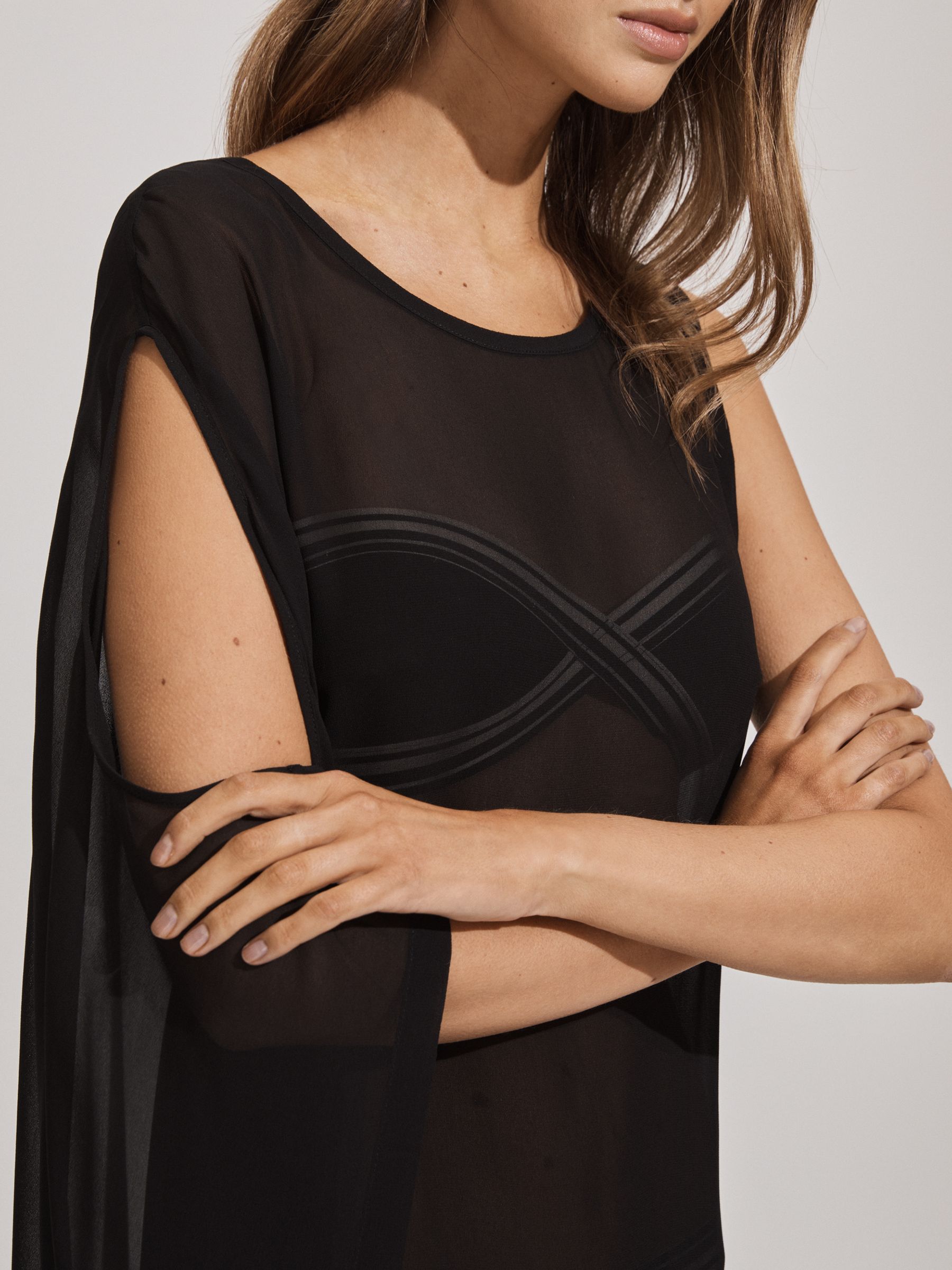 Sheer Draped Sleeve Cover Up in Black - Image 3 of 5