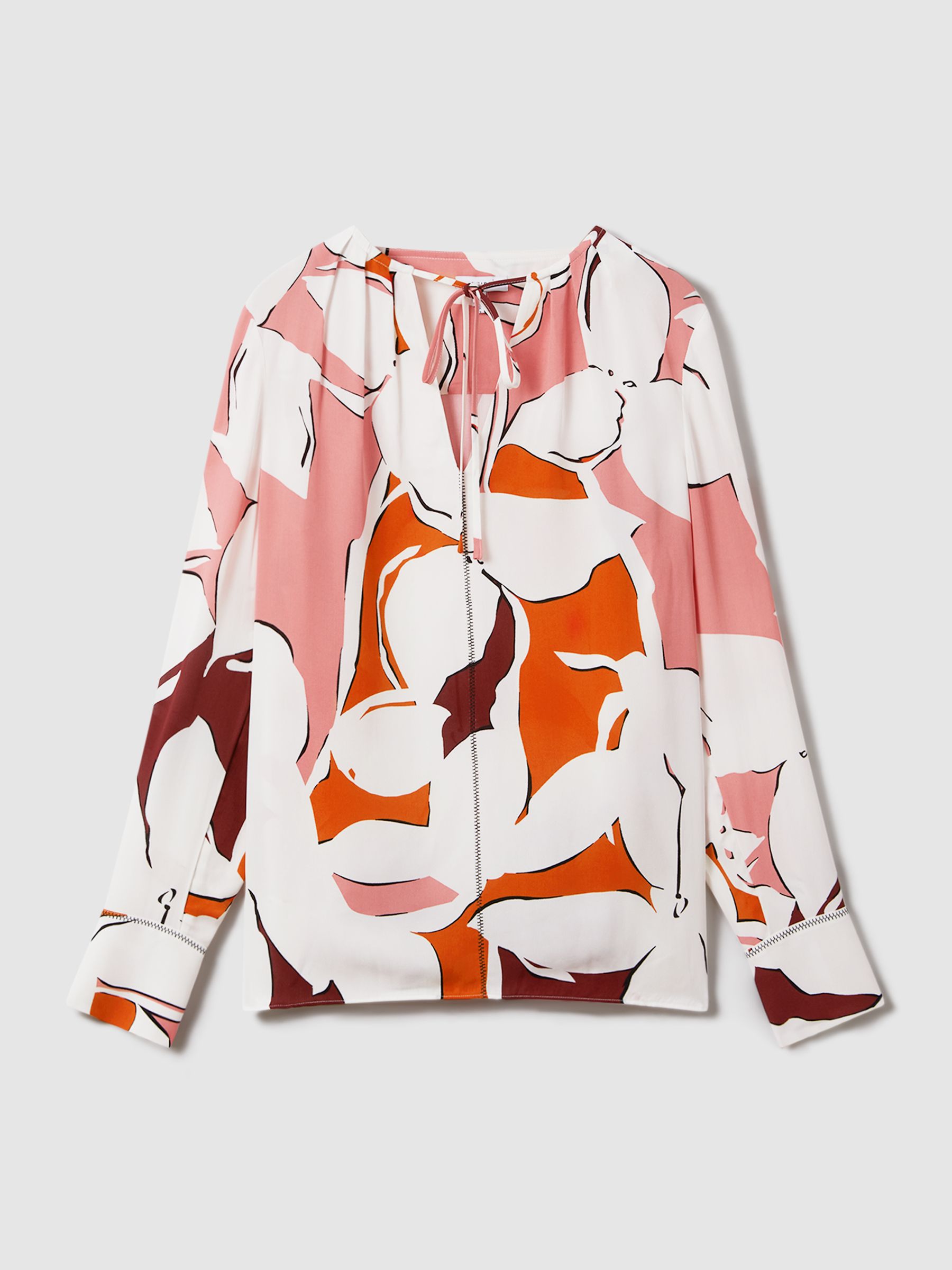 Printed Tie Neck Blouse in Cream/Red - Image 2 of 6