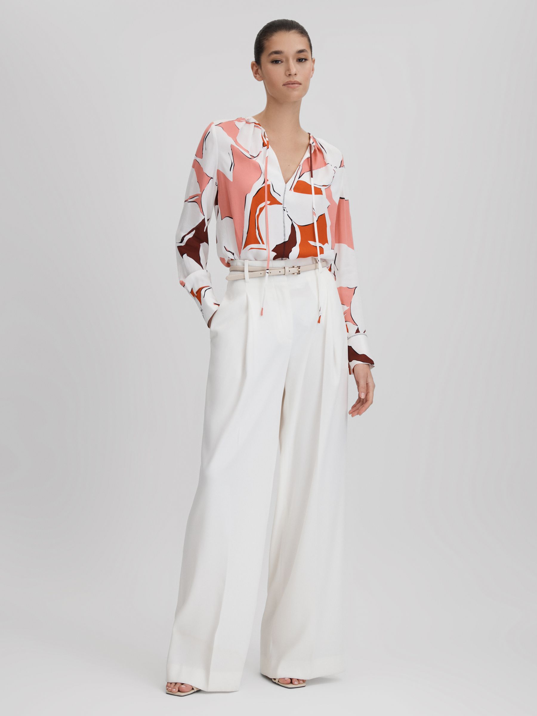 Printed Tie Neck Blouse in Cream/Red - Image 3 of 6