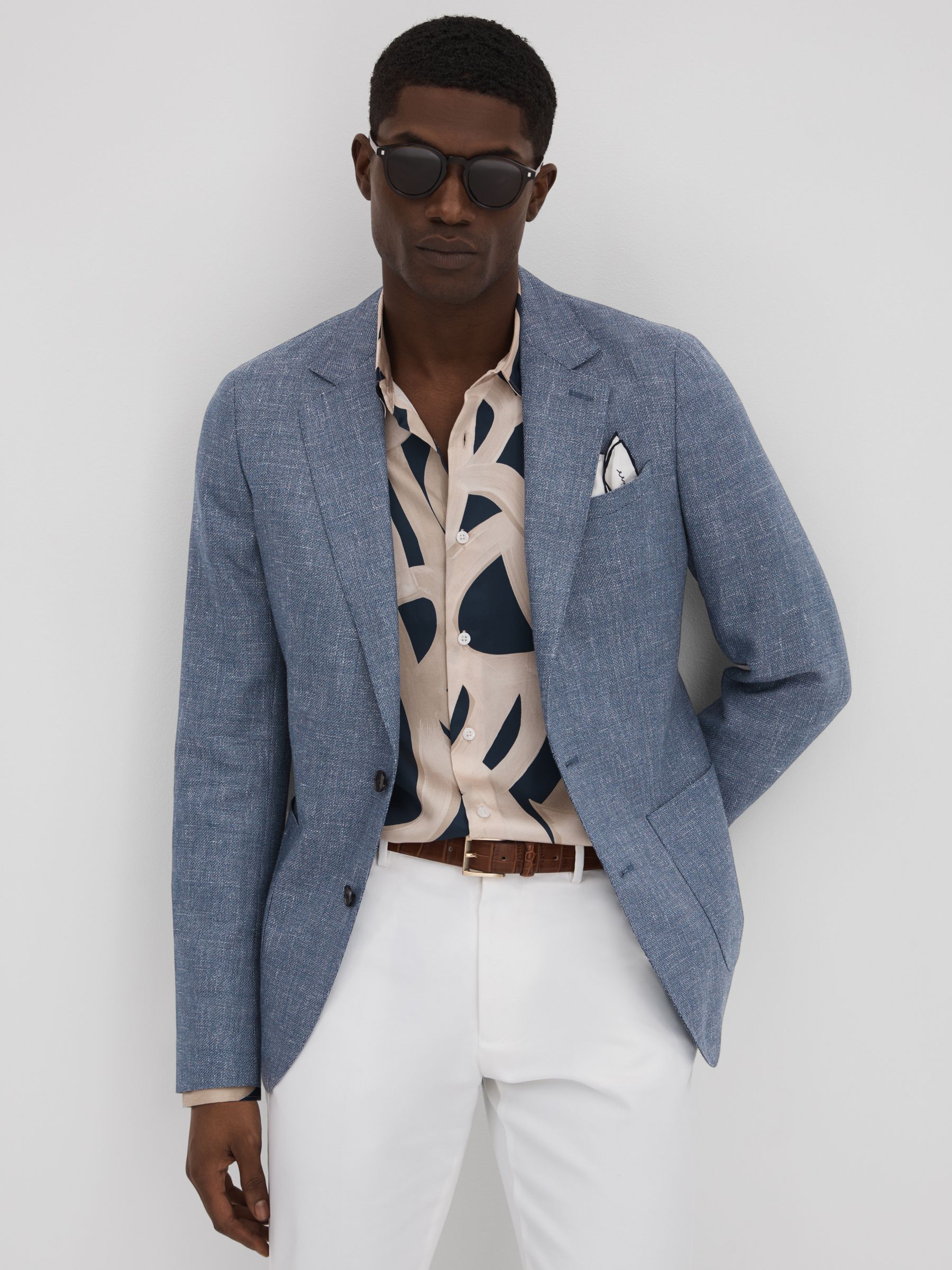 Slim Fit Single Breasted Wool Blend Blazer in Indigo - Image 1 of 7