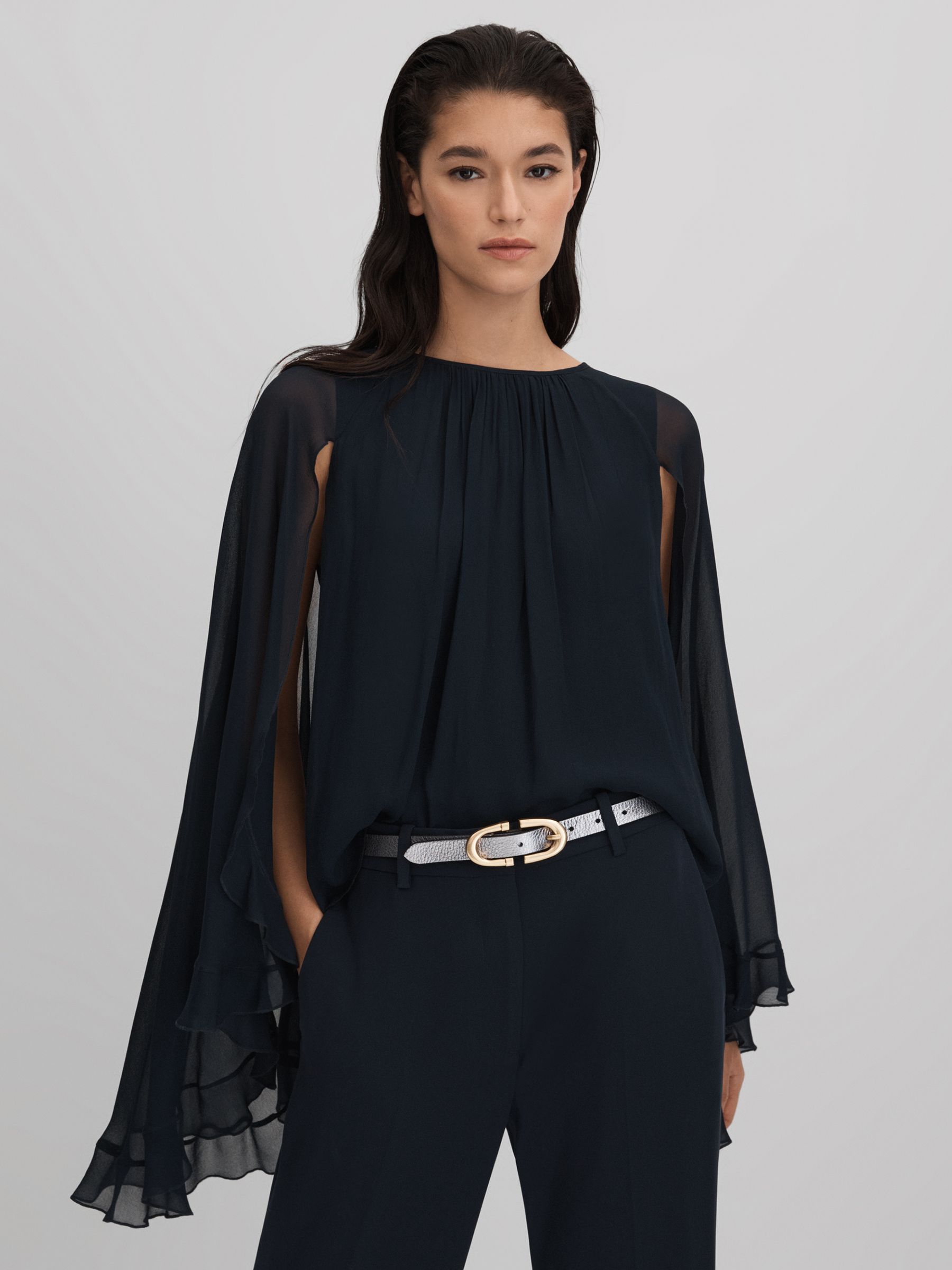 Pleated Cape Style Top in Navy - Image 1 of 6