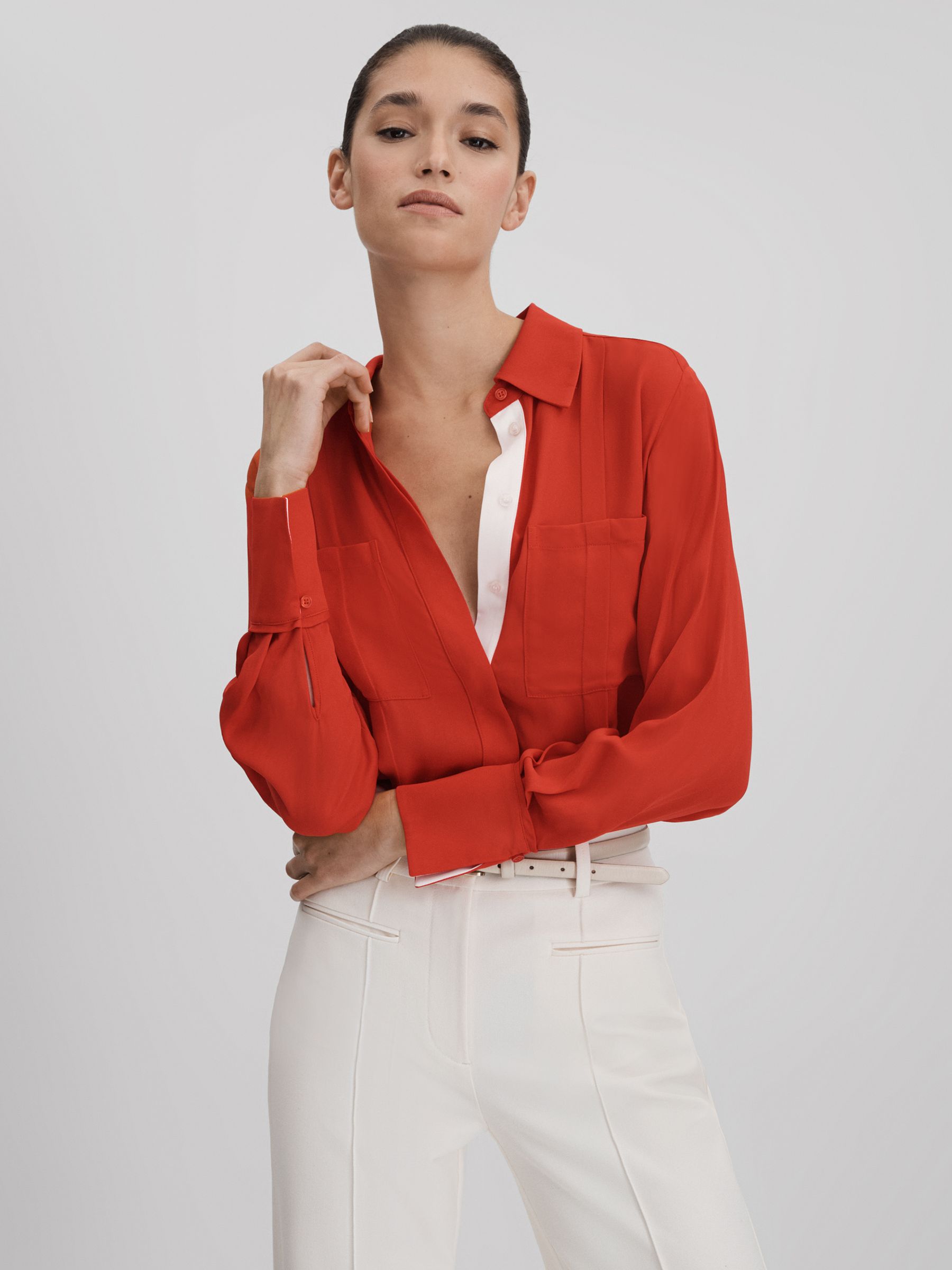 Contrast Trim Button-Through Shirt in Red - Image 1 of 7