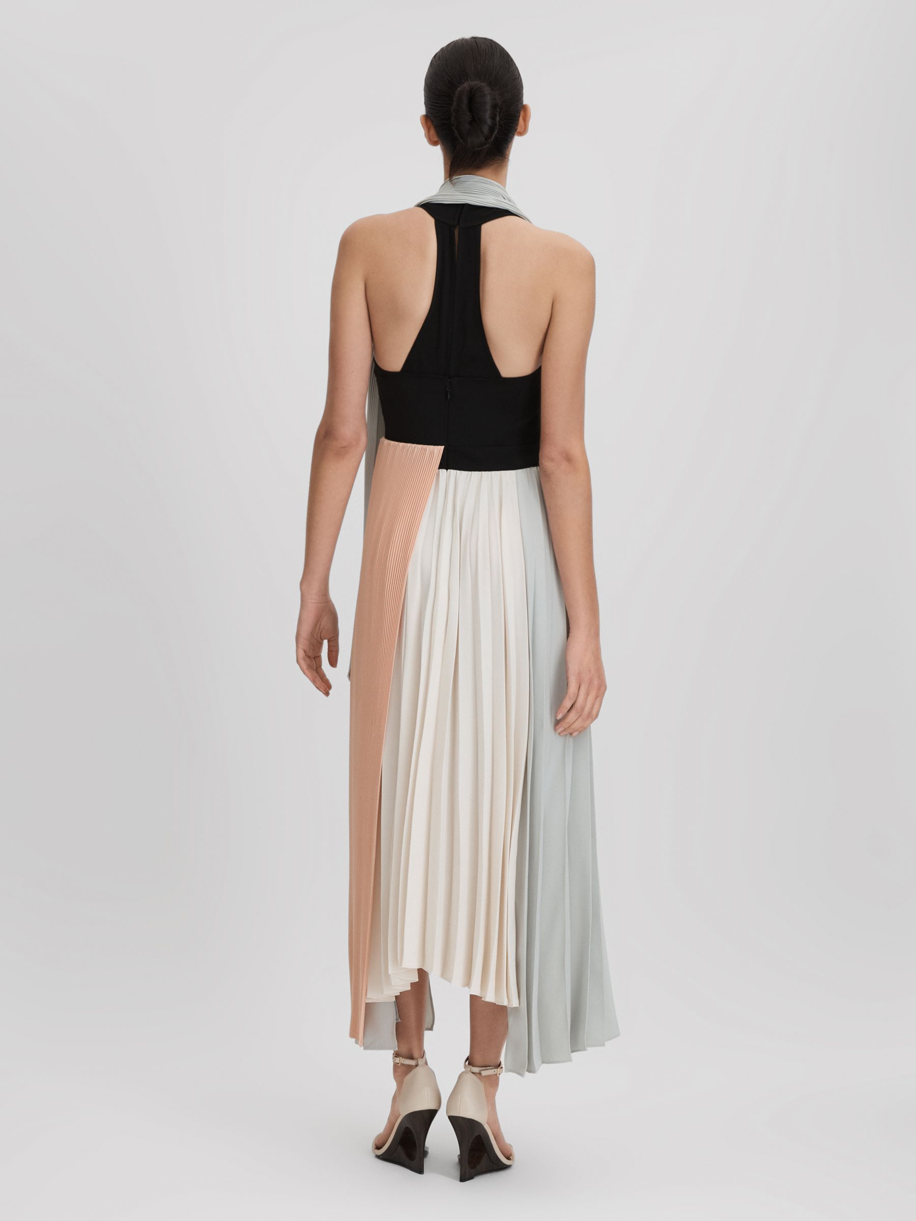 Pleated Asymmetric Midi Dress in Pink/Cream - Image 4 of 6
