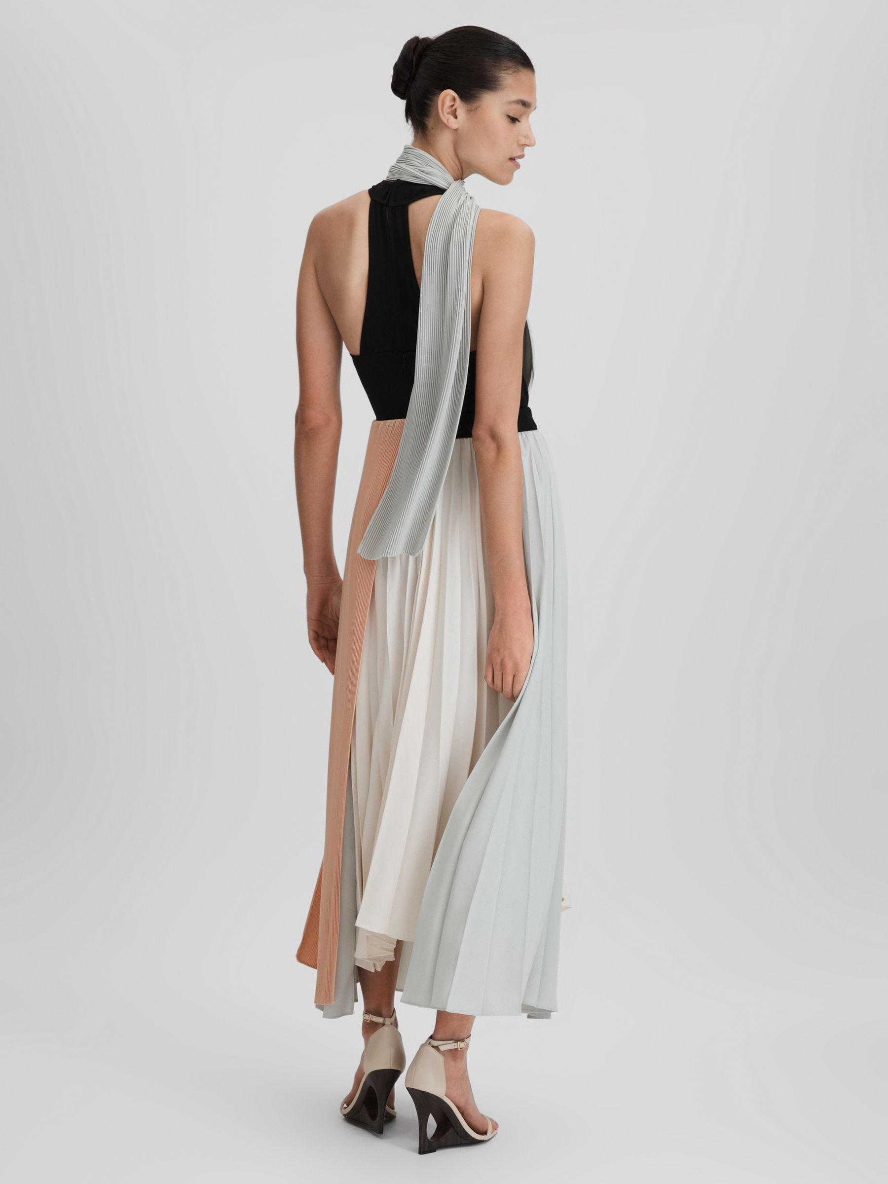Pleated Asymmetric Midi Dress in Pink/Cream - Image 5 of 6