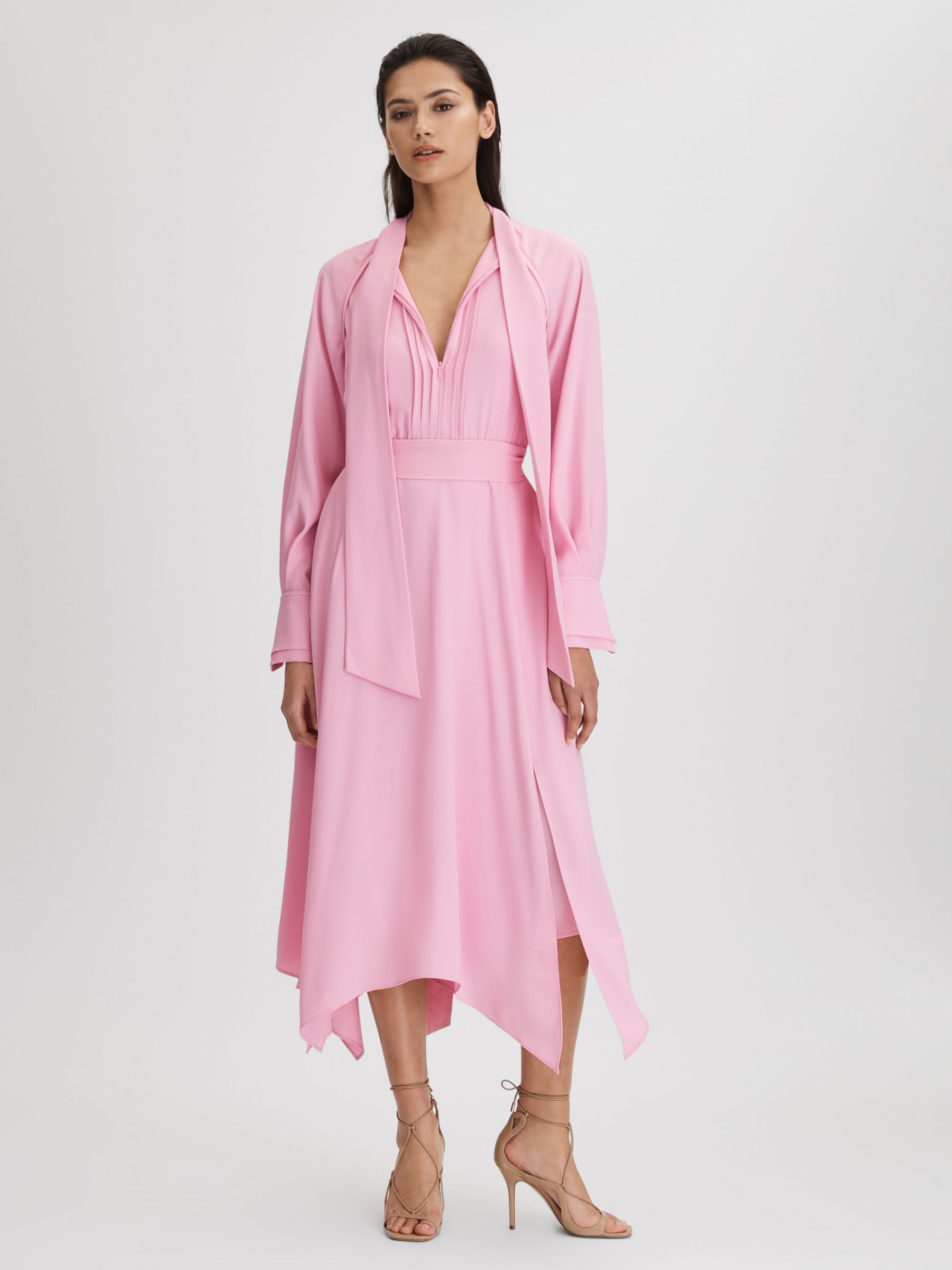 Tie Neck Zip Front Midi Dress in Pink - Image 1 of 7