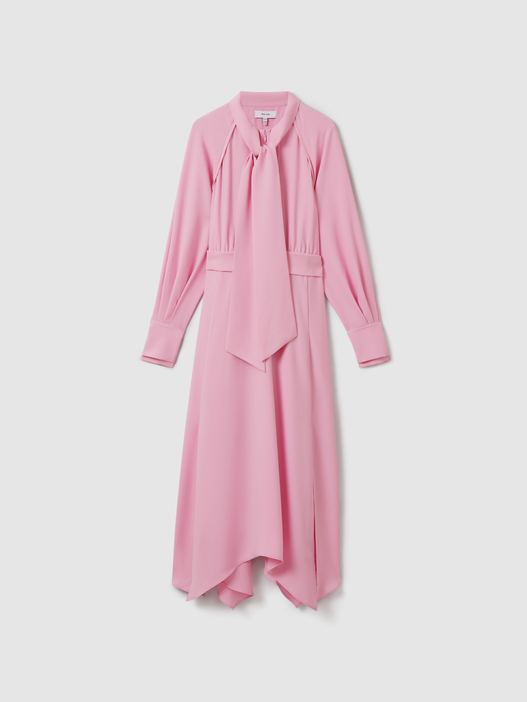 Tie Neck Zip Front Midi Dress in Pink - Image 2 of 7