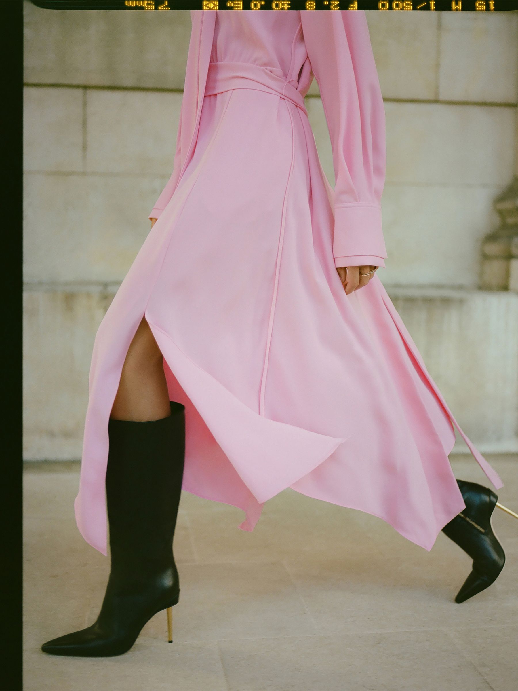 Tie Neck Zip Front Midi Dress in Pink - Image 3 of 7