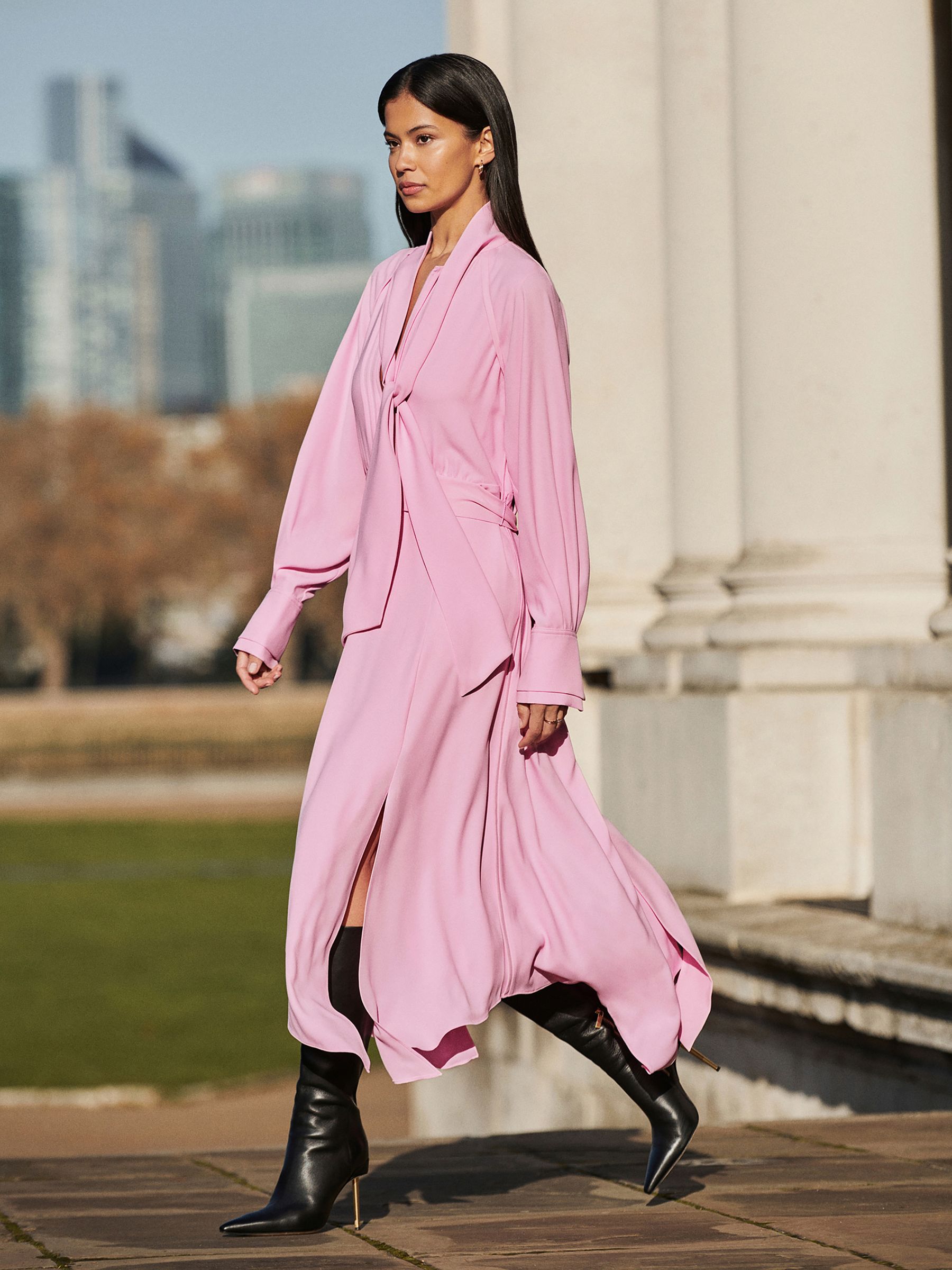 Tie Neck Zip Front Midi Dress in Pink - Image 6 of 7