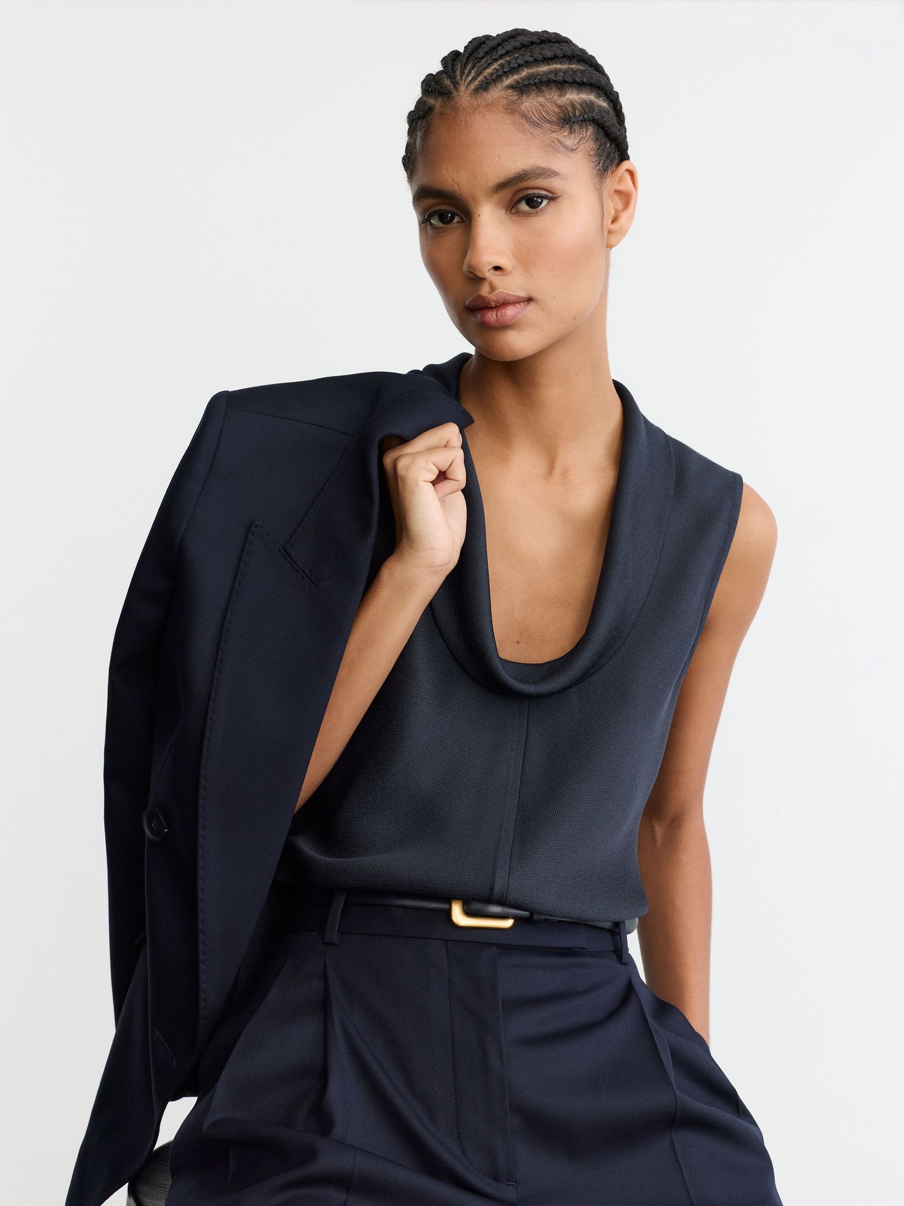 Cowl-Neck Sleeveless Top in Navy - Image 1 of 7 Cowl-Neck Sleeveless Top in Navy - Image 1 of 7