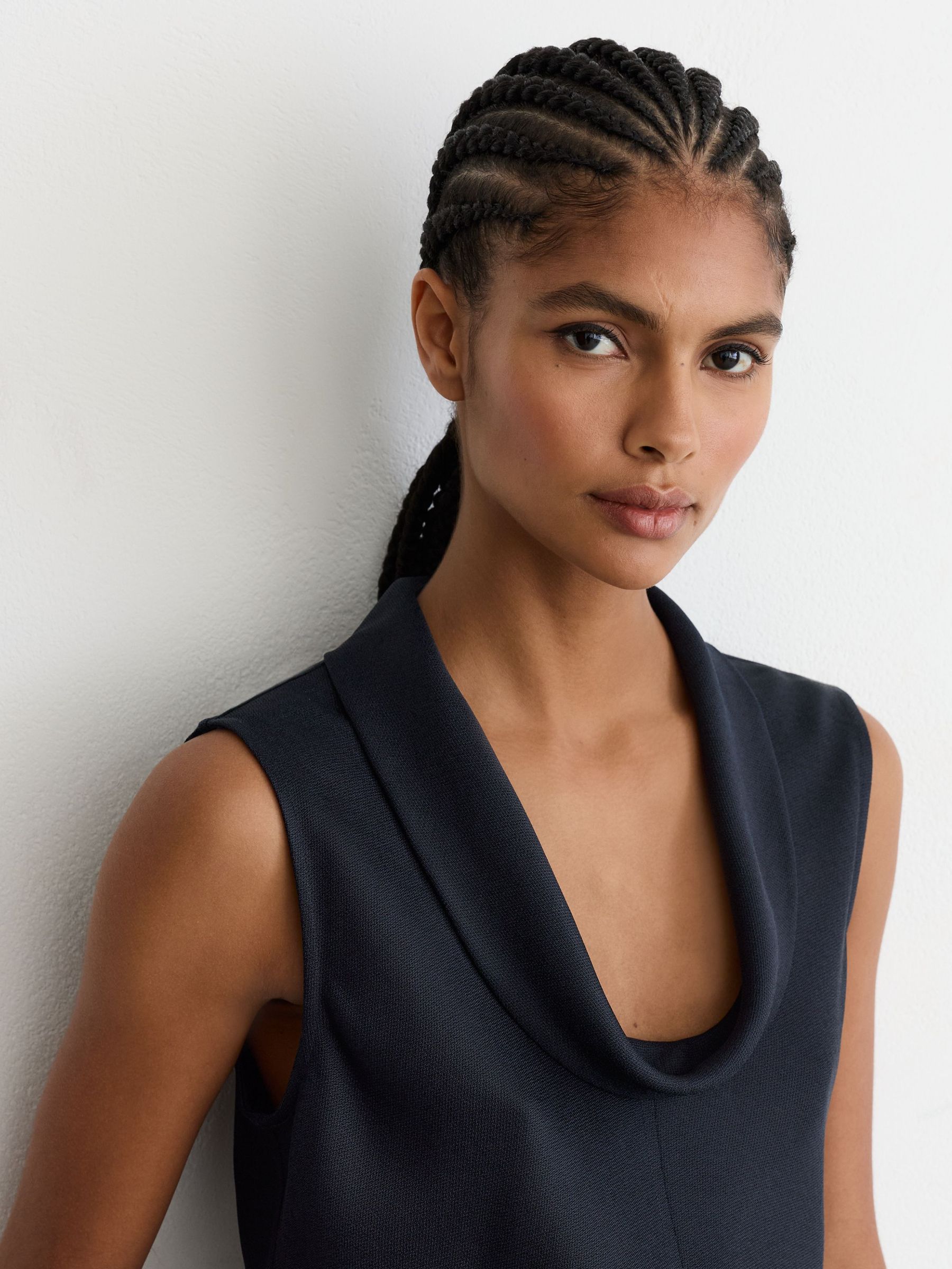 Cowl-Neck Sleeveless Top in Navy - Image 4 of 7