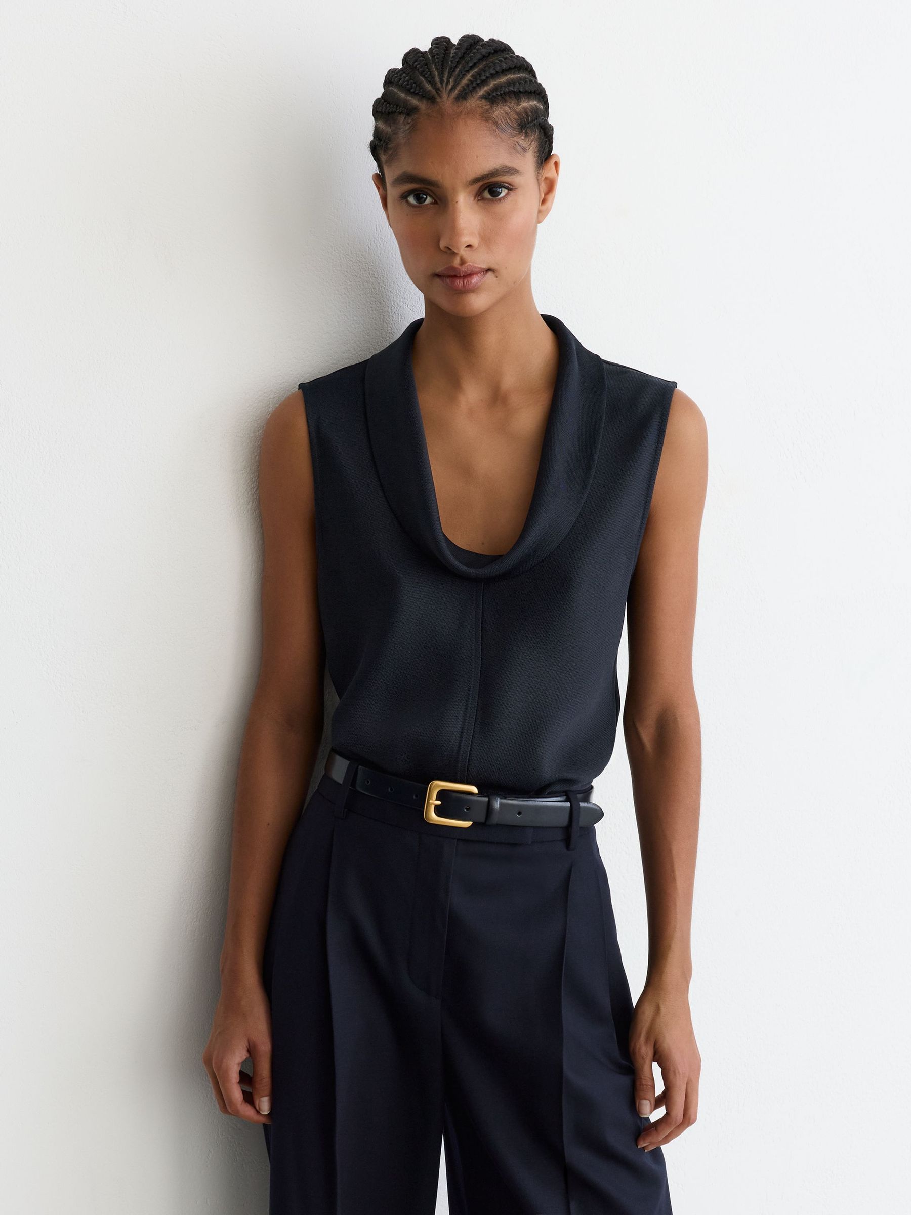 Cowl-Neck Sleeveless Top in Navy - Image 6 of 7