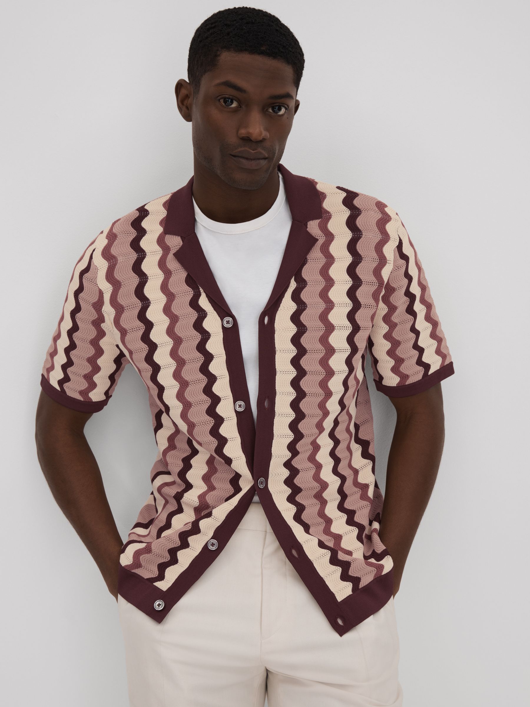 Knitted Cuban Collar Shirt in Rose Multi - Image 1 of 6