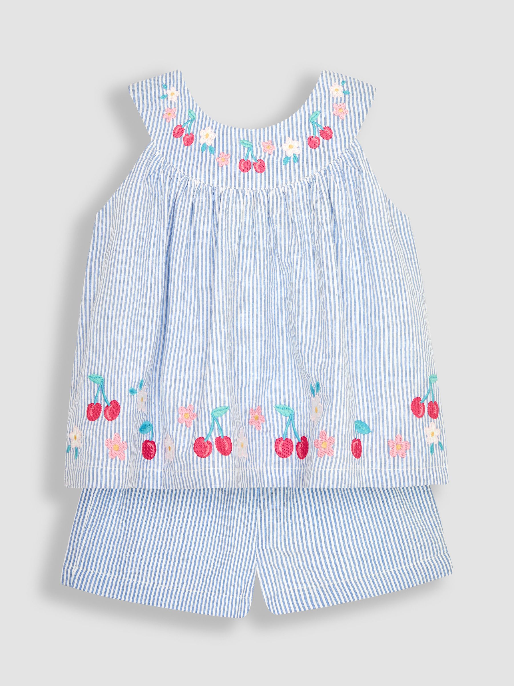 Blue 2-Piece Cherry Embroidered Seersucker Blouse & Shorts Set - Image 1 of 4