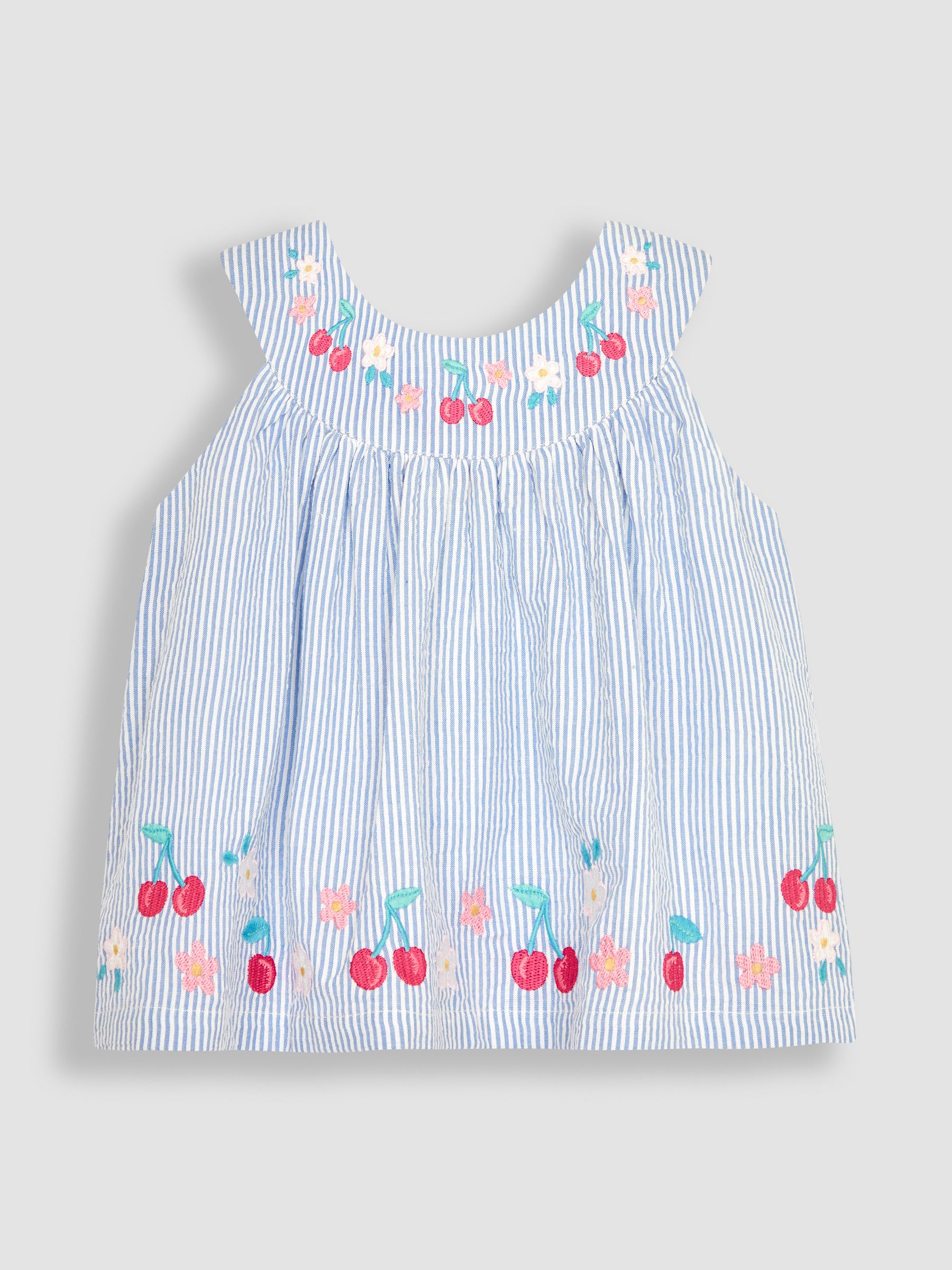 Blue 2-Piece Cherry Embroidered Seersucker Blouse & Shorts Set - Image 2 of 4