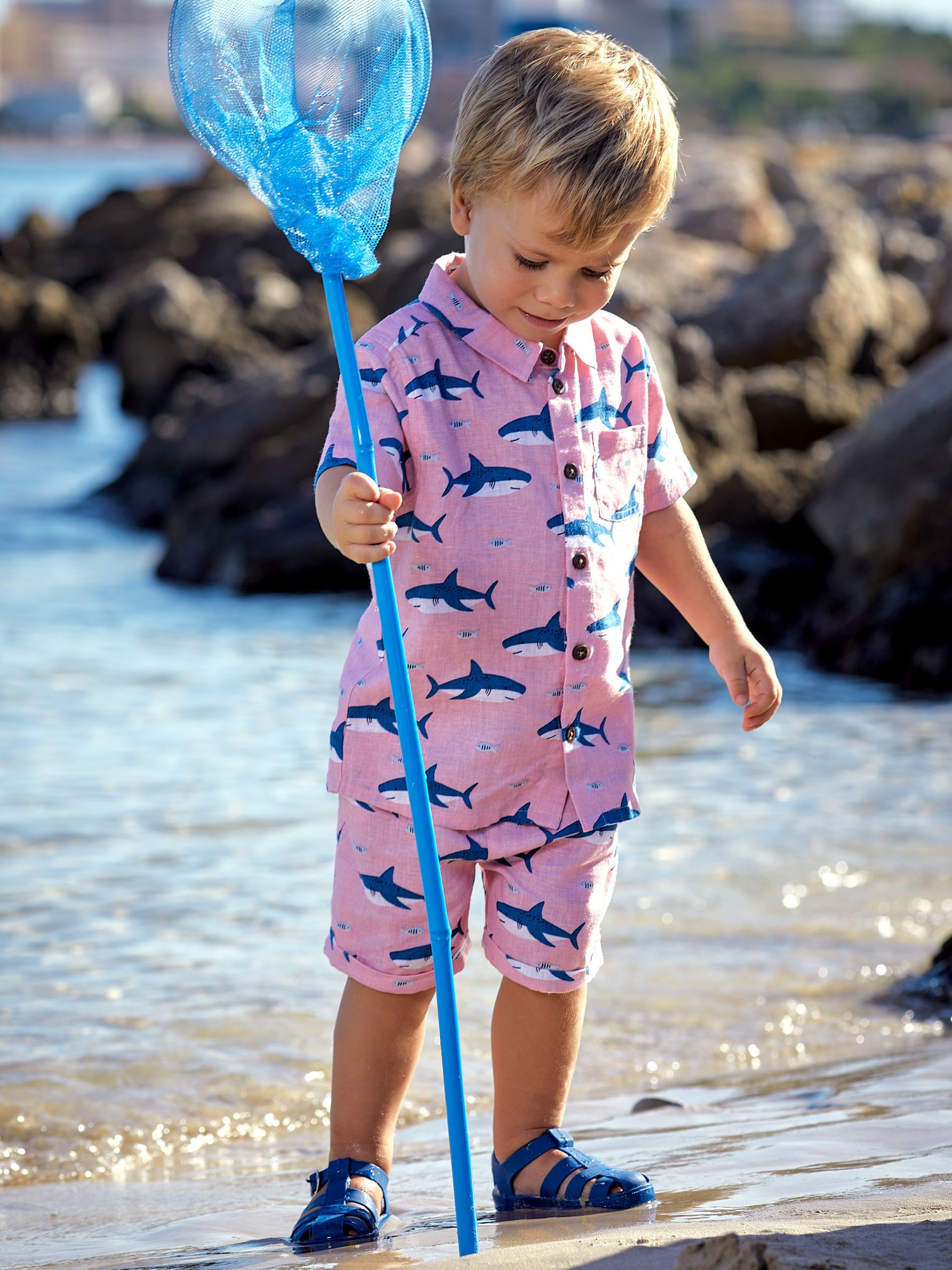 2-Piece Shark Cotton Linen Shirt & Shorts Set in Coral - Image 1 of 6