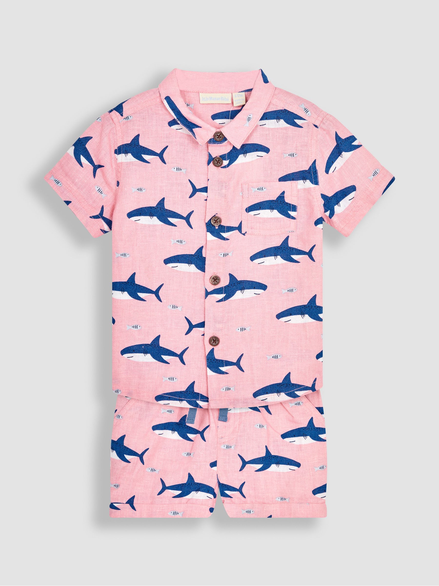 2-Piece Shark Cotton Linen Shirt & Shorts Set in Coral - Image 3 of 6
