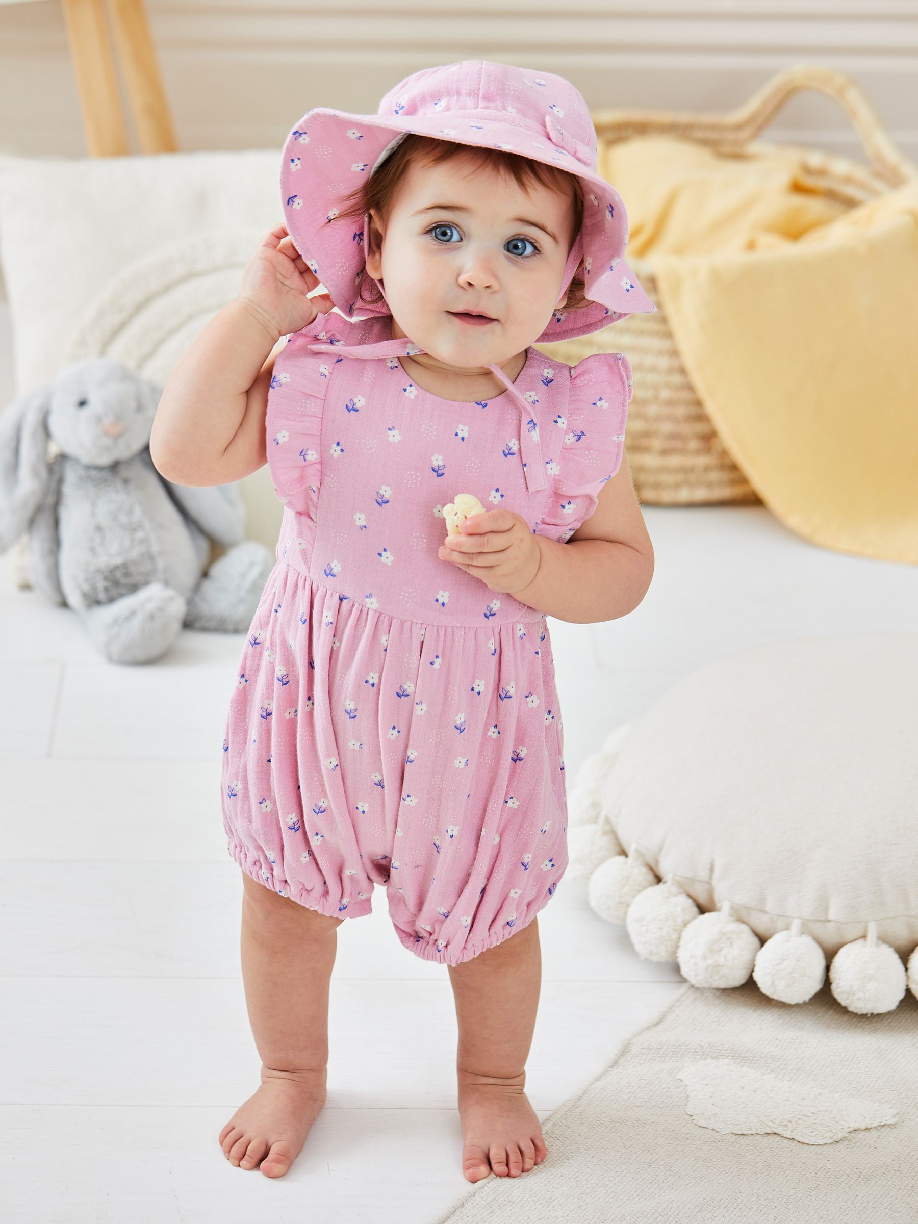Pink 2-Piece Floral Cheesecloth Bubble Romper & Hat Set - Image 1 of 7