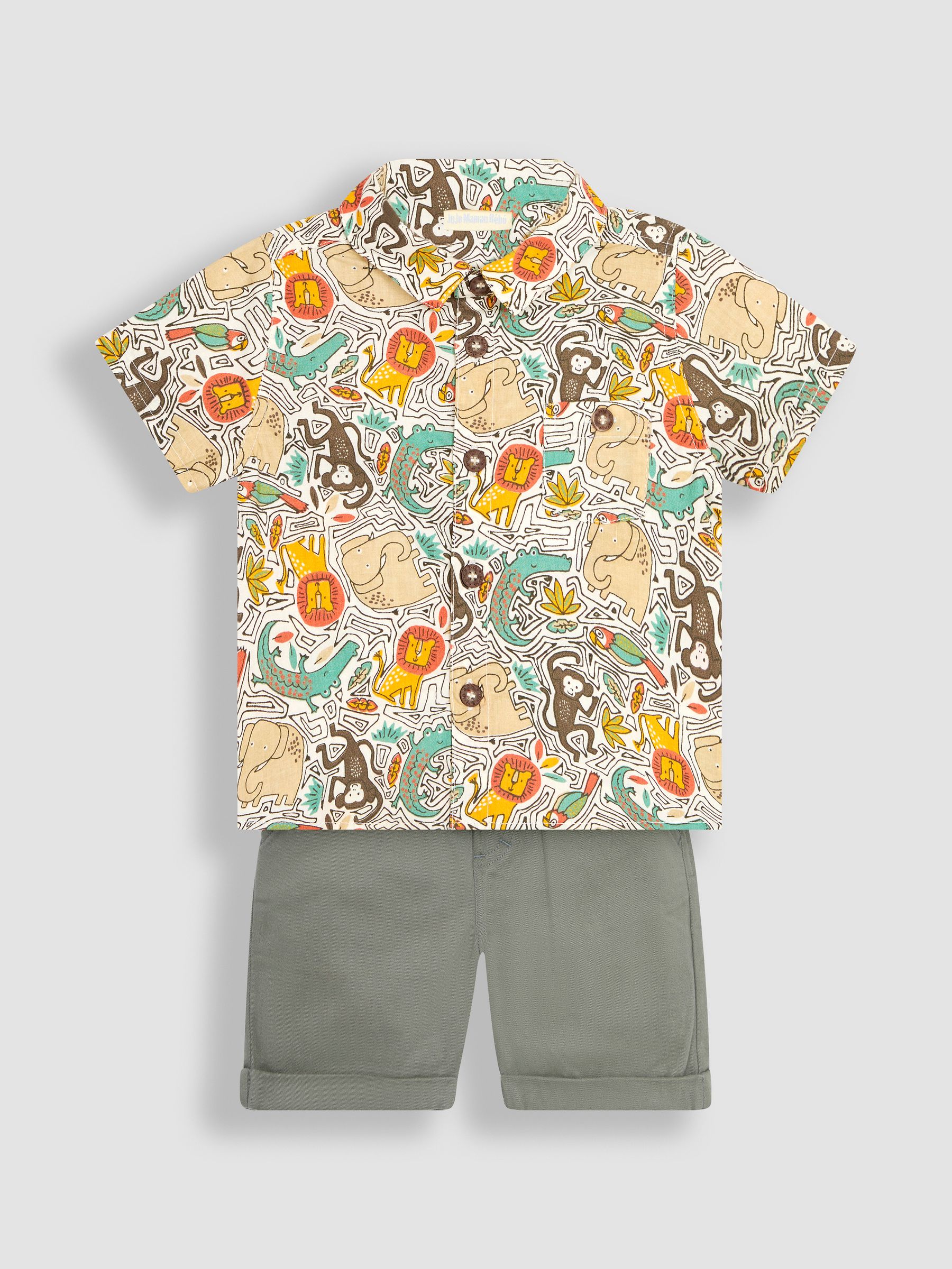 Khaki Green Jungle Animals Printed Shirt & Shorts Set - Image 1 of 5