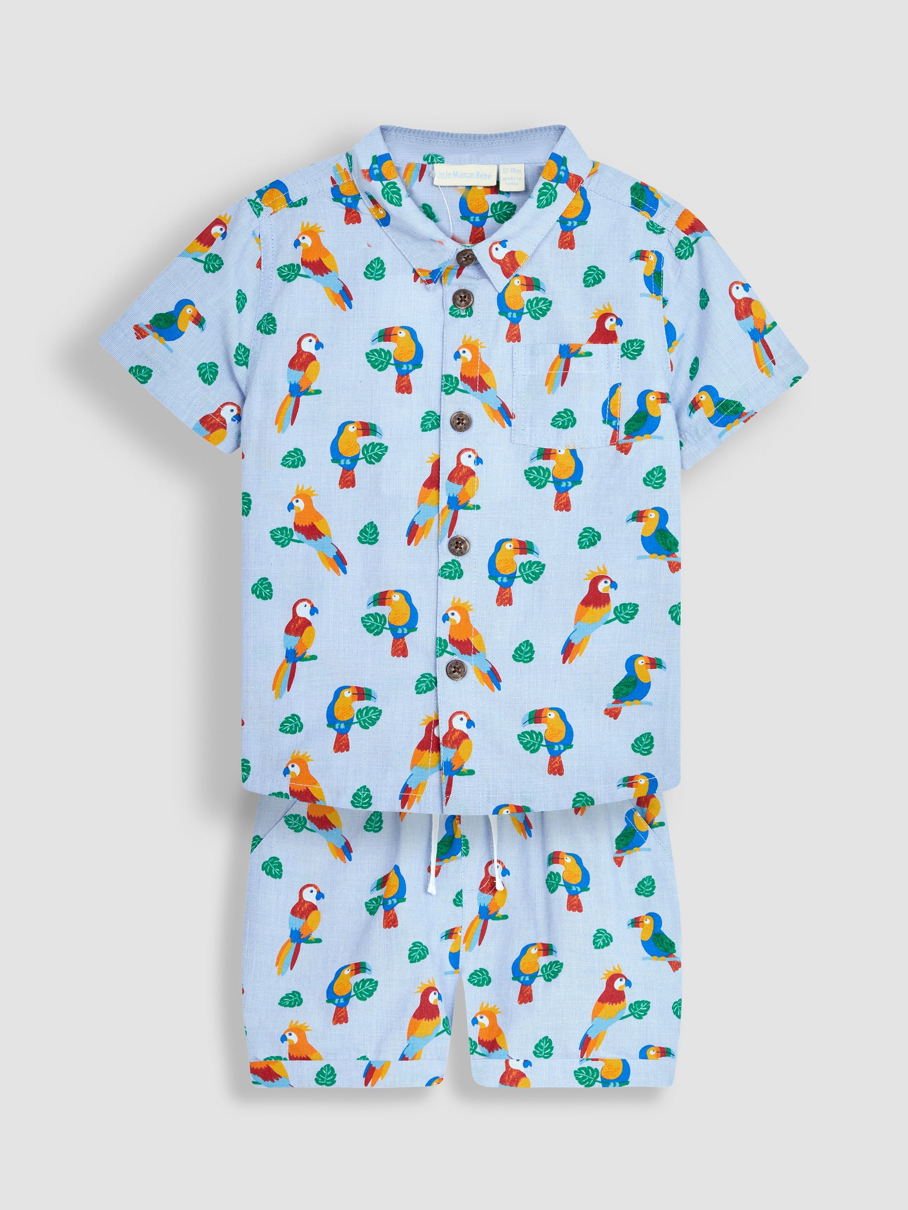 Blue Tropical Bird Printed Shirt & Shorts Set - Image 1 of 4