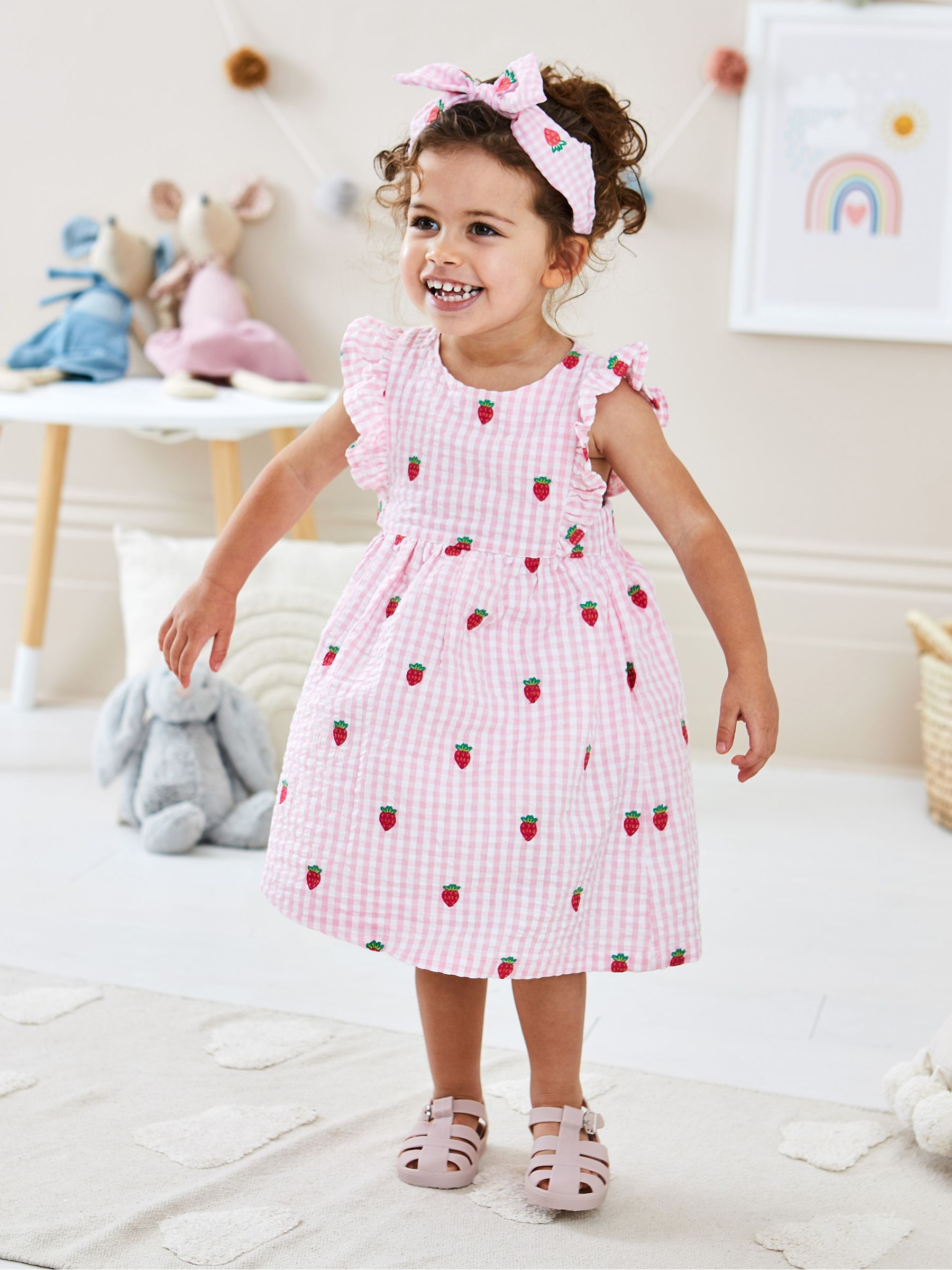Pink Strawberry Embroidered Gingham Pretty Summer Dress - Image 1 of 4