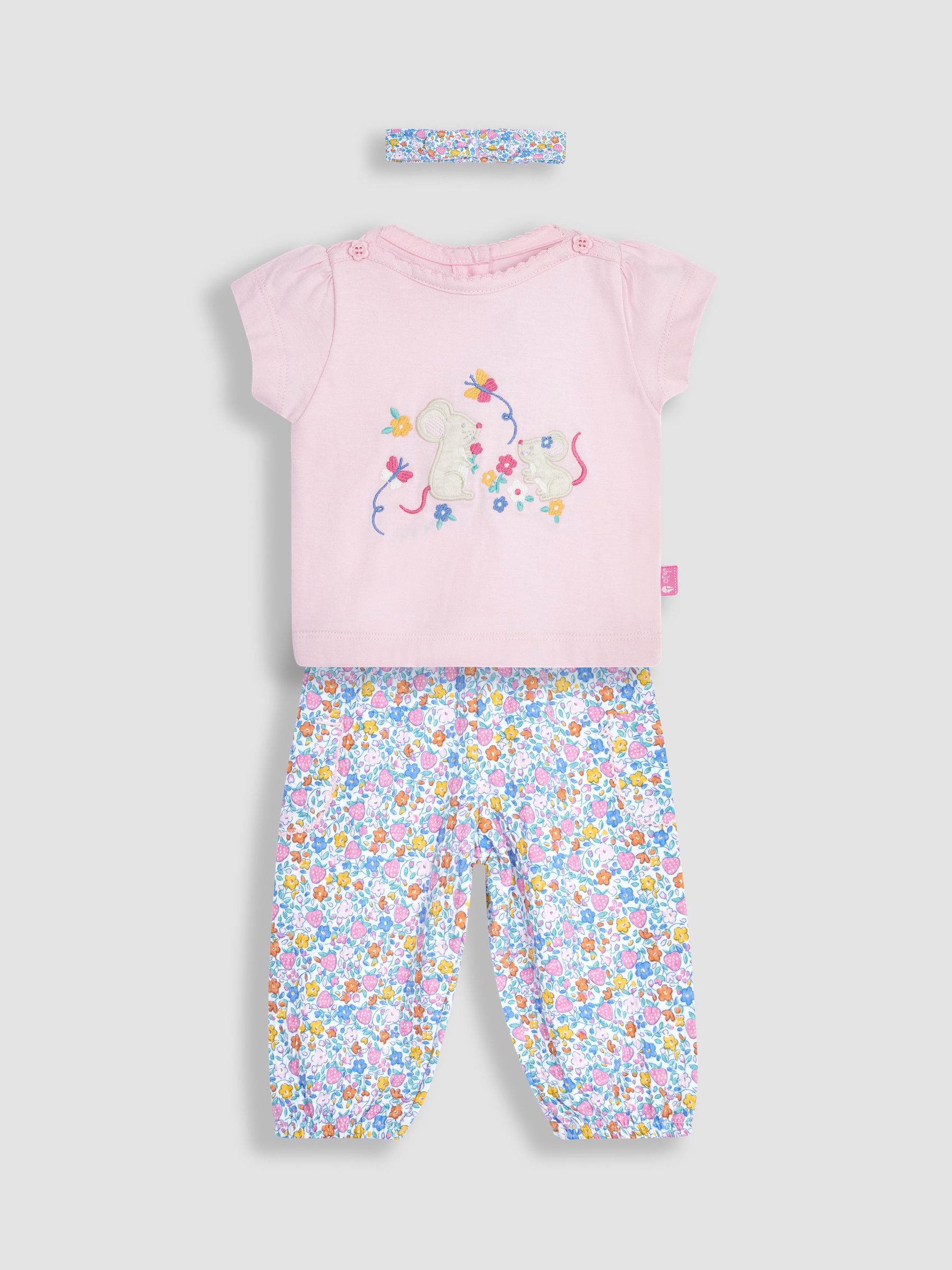 Pink 3-Piece Mouse Crinkle Cotton Top & Trousers Set - Image 1 of 5