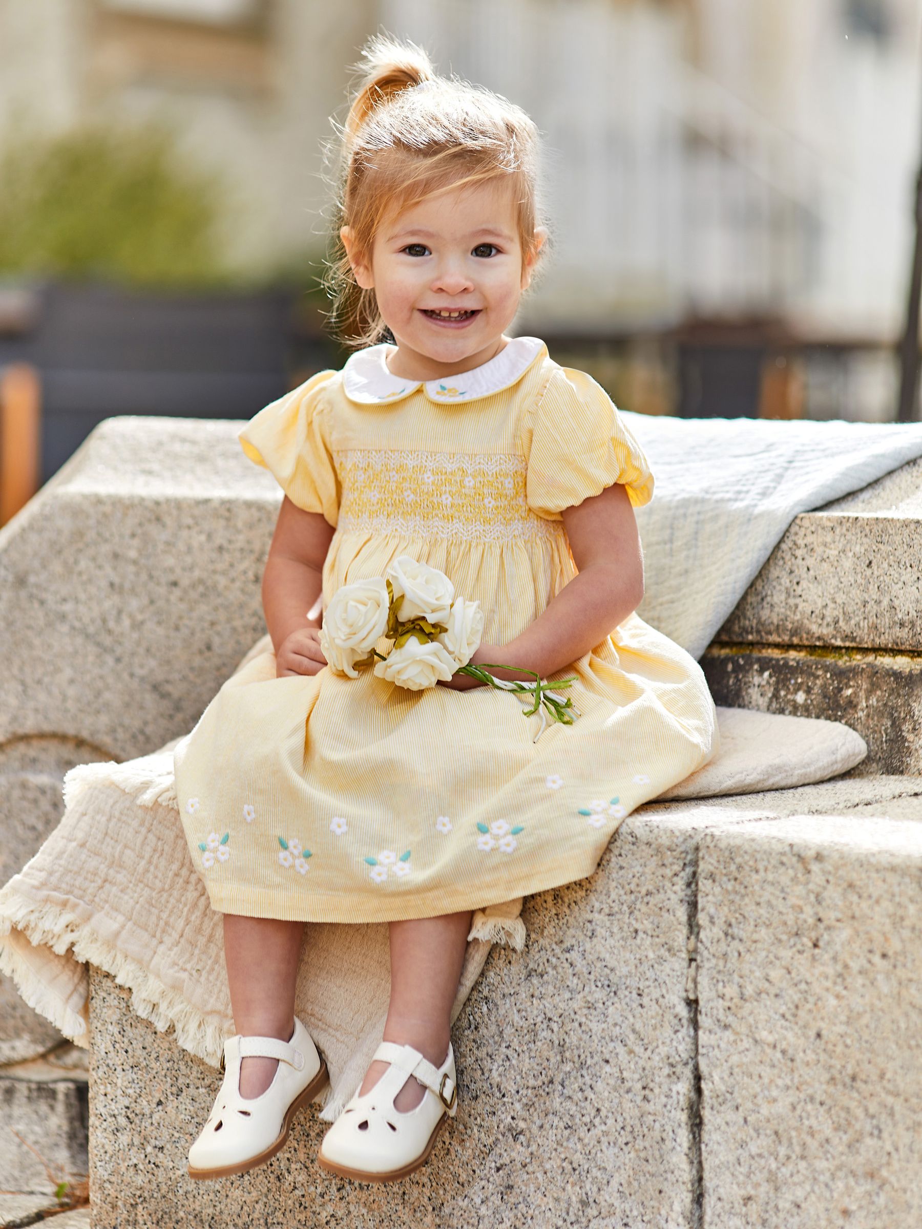 Yellow Daisy Embroidered Peter Pan Smocked Party Dress JoJo