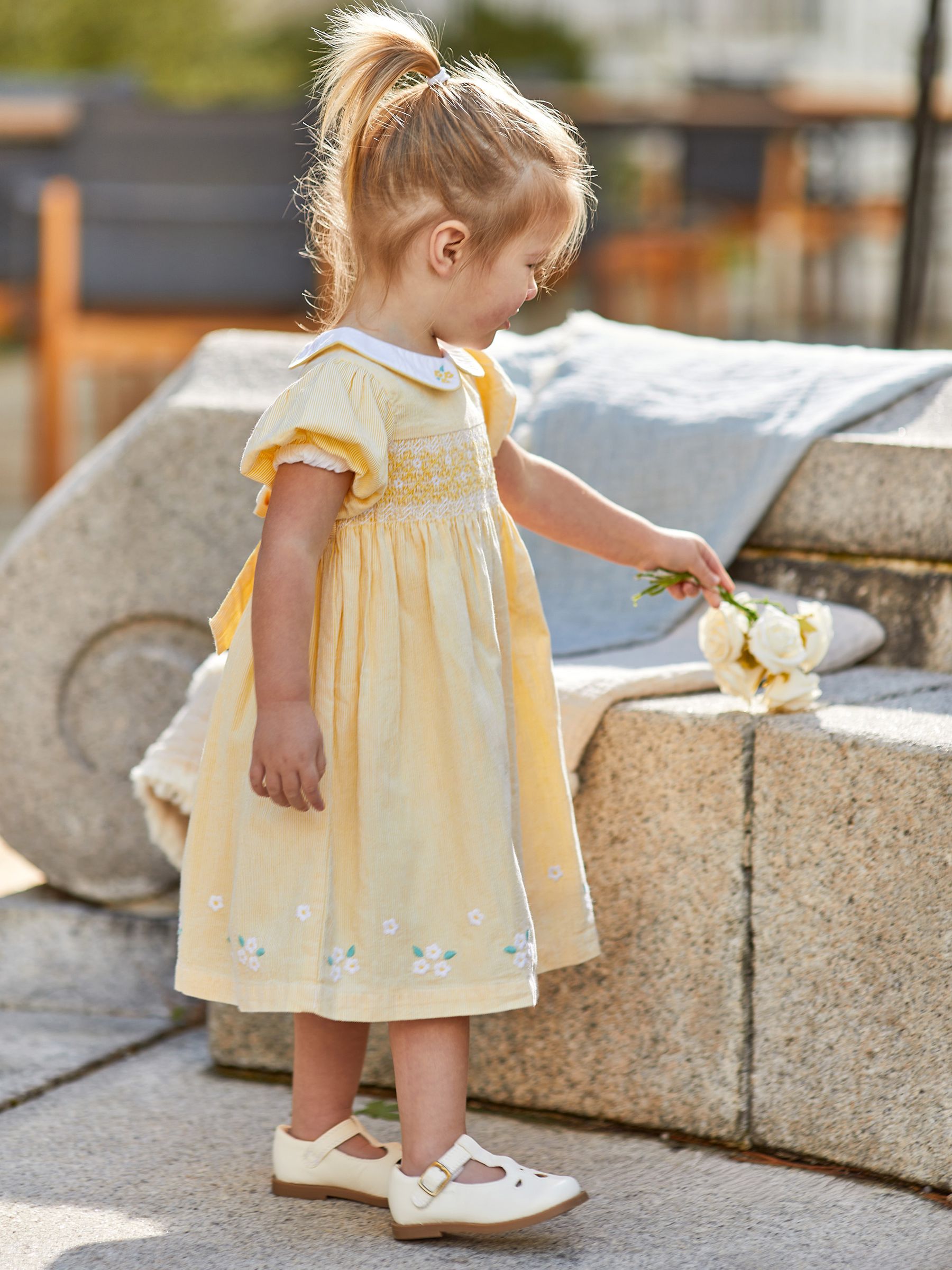 Yellow Daisy Embroidered Peter Pan Smocked Party Dress - Image 2 of 7