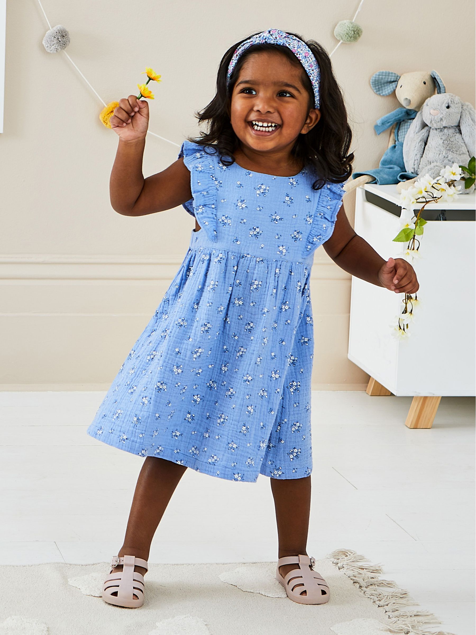 2-Piece Floral Cheesecloth Ruffle Dress & Hat Set in Cornflower - Image 1 of 5