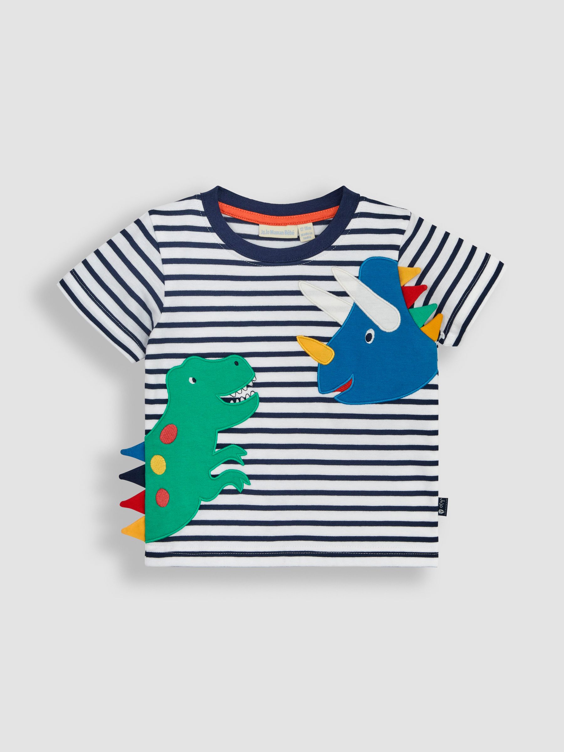 White Navy Stripe Dino Novelty Appliqué T-Shirt - Image 2 of 4