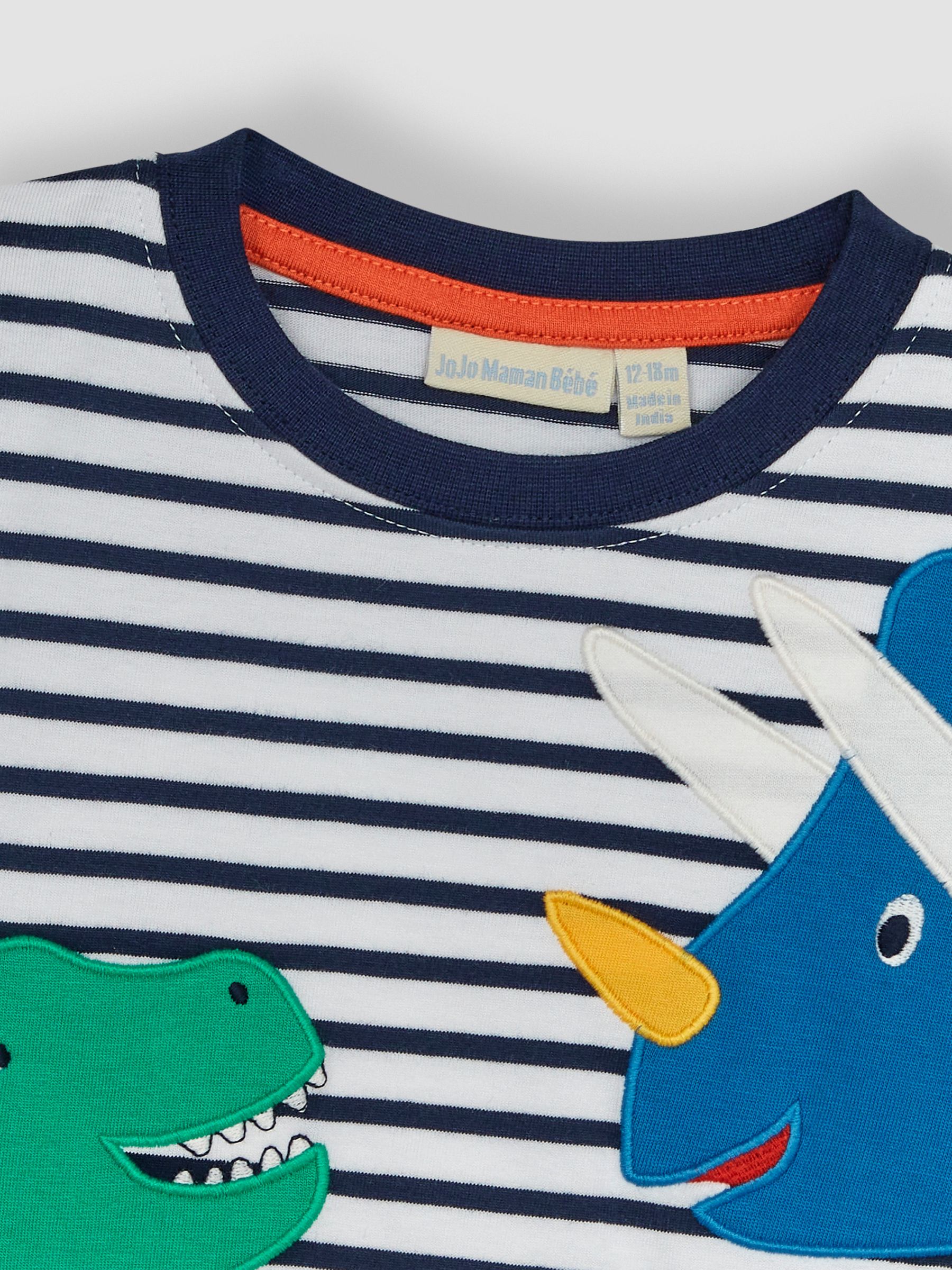 White Navy Stripe Dino Novelty Appliqué T-Shirt - Image 3 of 4