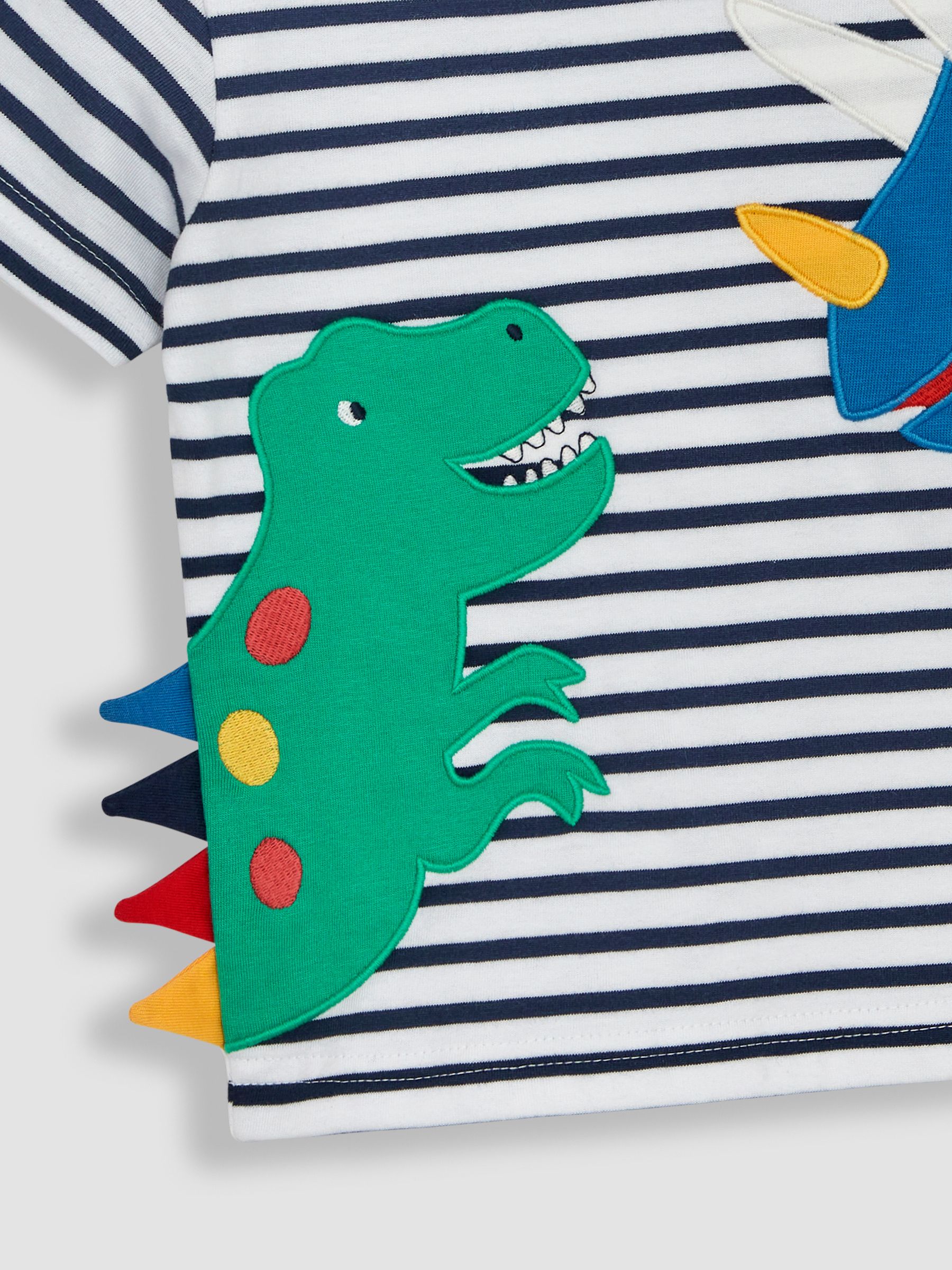 White Navy Stripe Dino Novelty Appliqué T-Shirt - Image 4 of 4