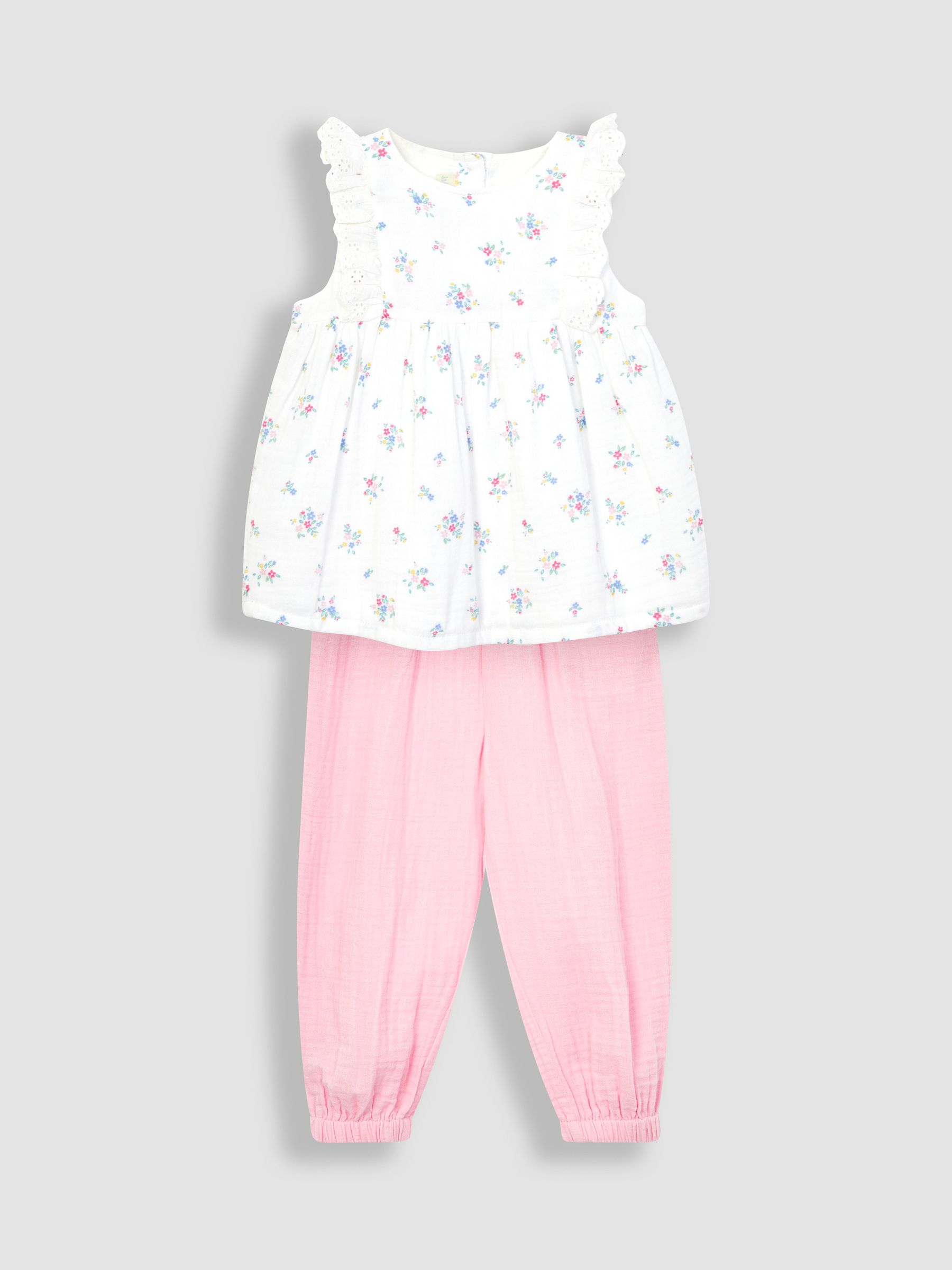 White 2-Piece Floral Cheesecloth Blouse & Trousers Set - Image 2 of 5