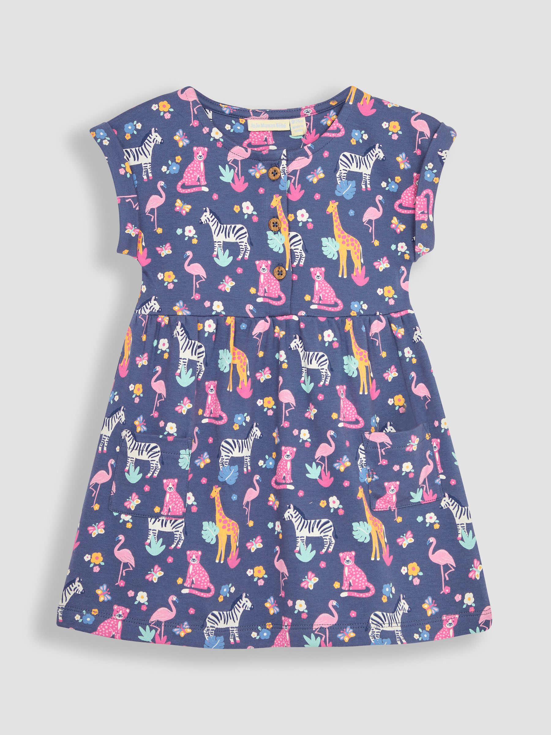 Blue Safari Animals Button Front Pet In Pocket Jersey Dress - Image 2 of 3