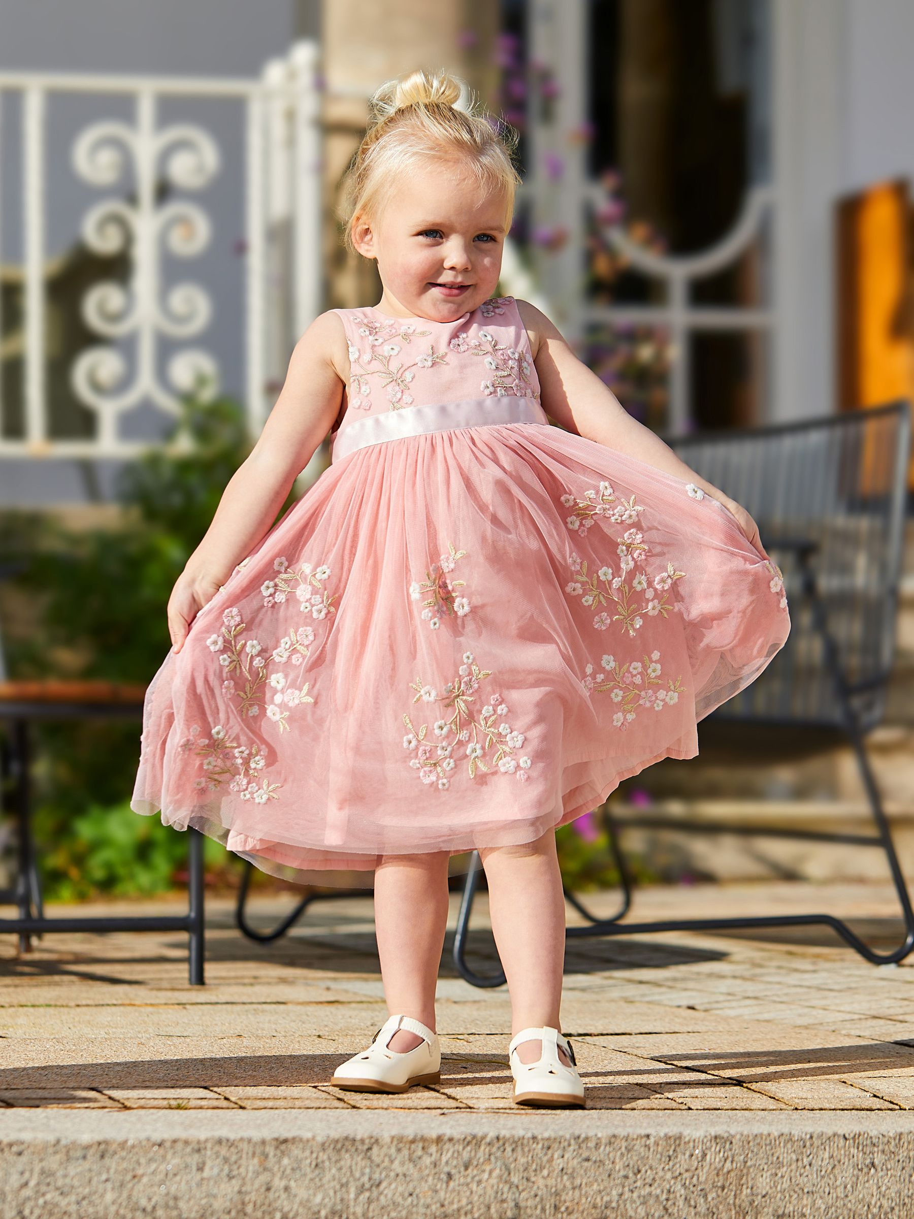 Flower Embroidered Tulle Party Dress in Pink - Image 1 of 4