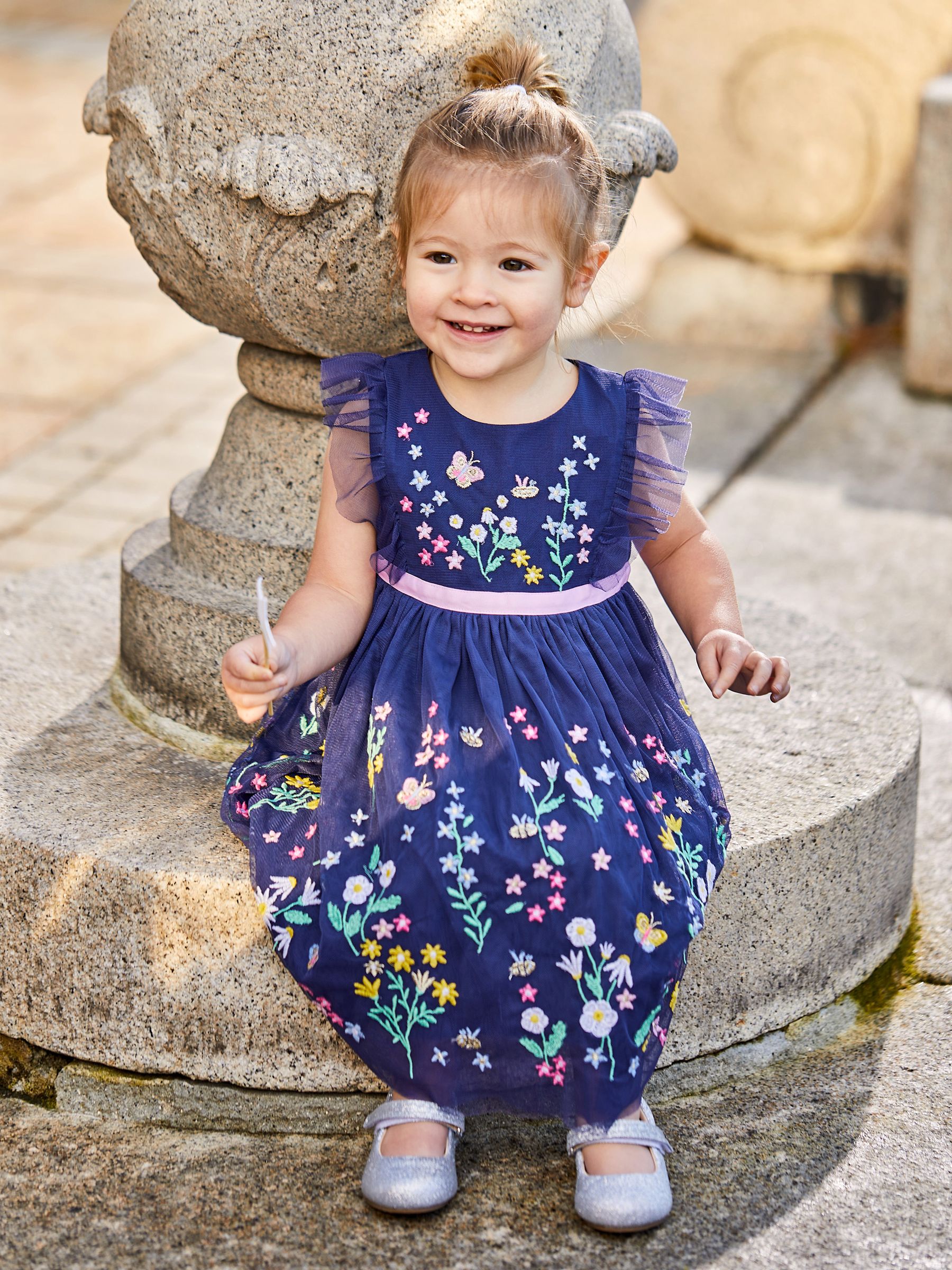 Navy Blue Wildflower Embroidered Tulle Pretty Party Dress - Image 1 of 4