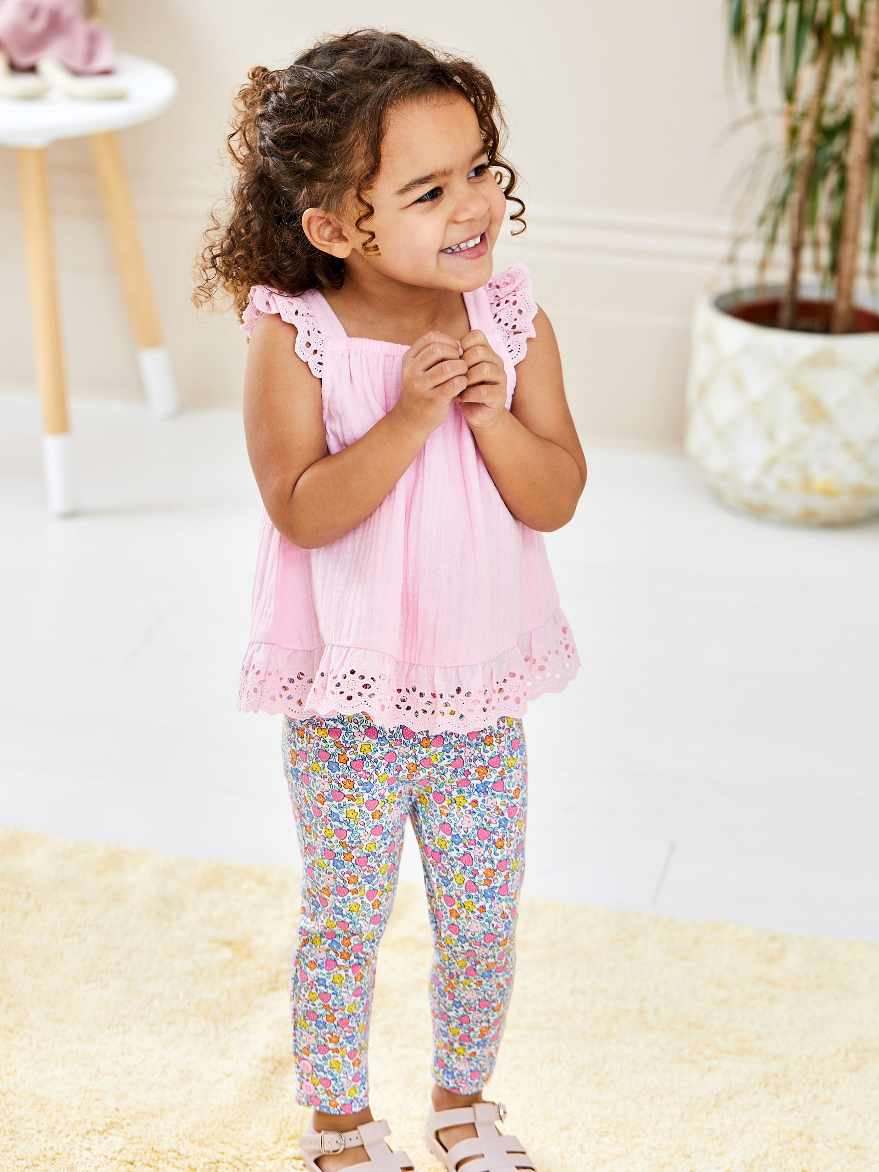 Pink 2-Piece Broderie Cheesecloth Top & Leggings Set - Image 1 of 7