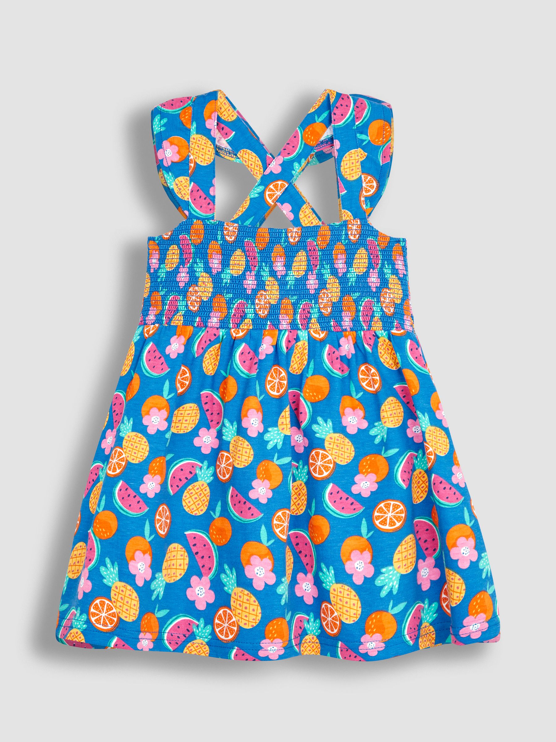 Cobalt Blue Summer Fruits Cross Back Smocked Jersey Dress - Image 1 of 3
