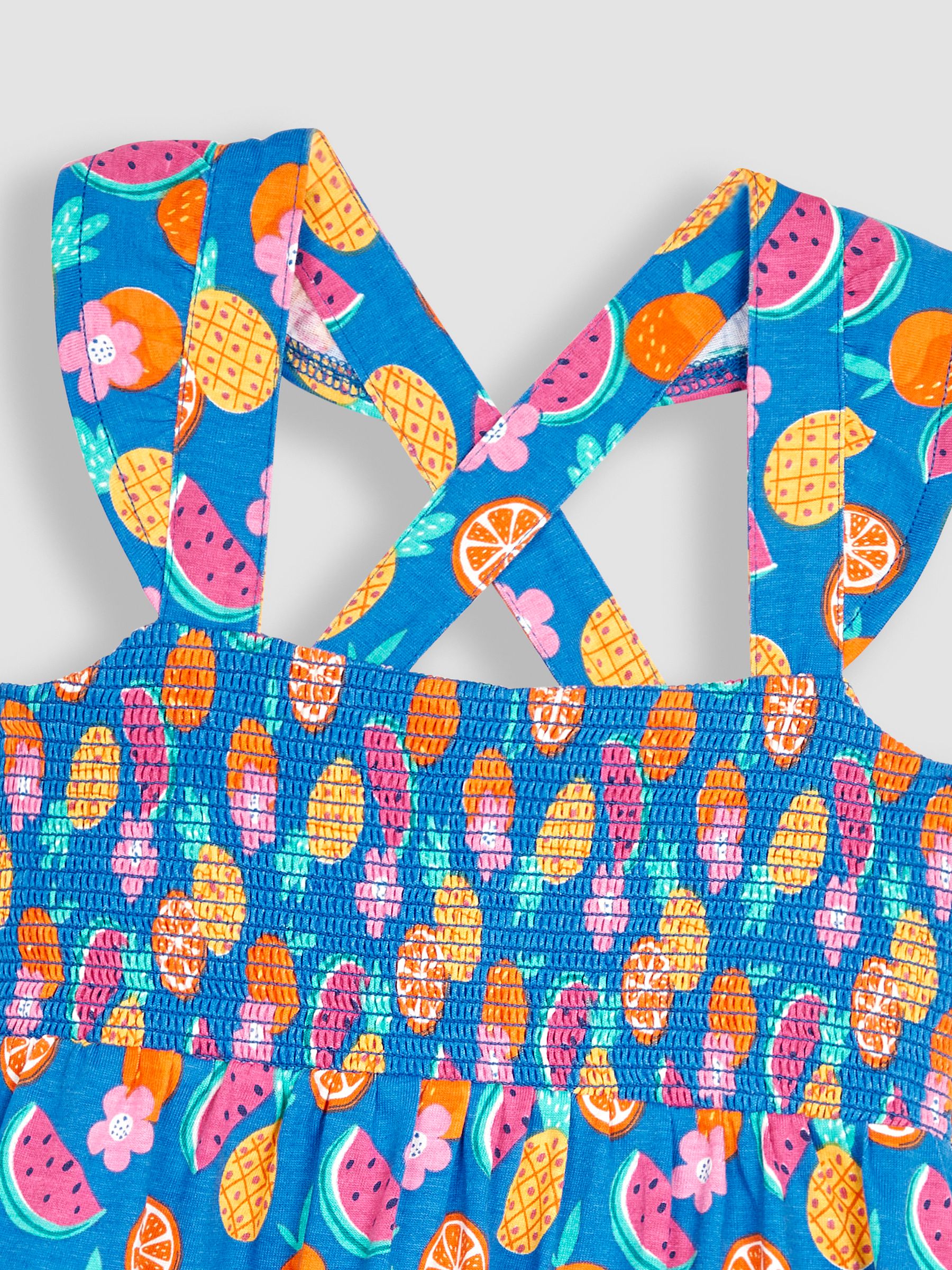 Cobalt Blue Summer Fruits Cross Back Smocked Jersey Dress - Image 3 of 3