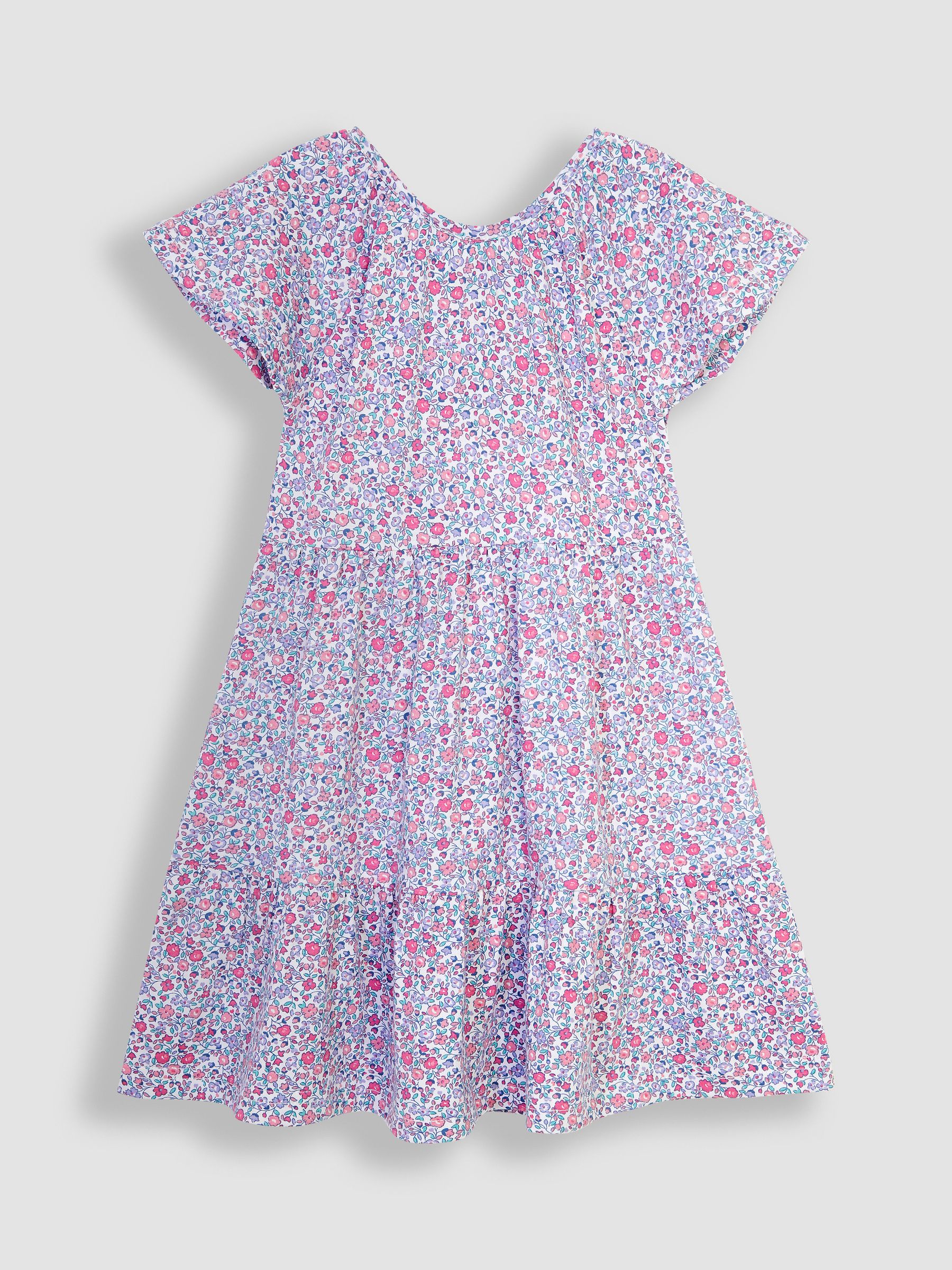 Pink Pastel Ditsy Floral Ruffle Sleeve Tiered Jersey Dress - Image 1 of 3