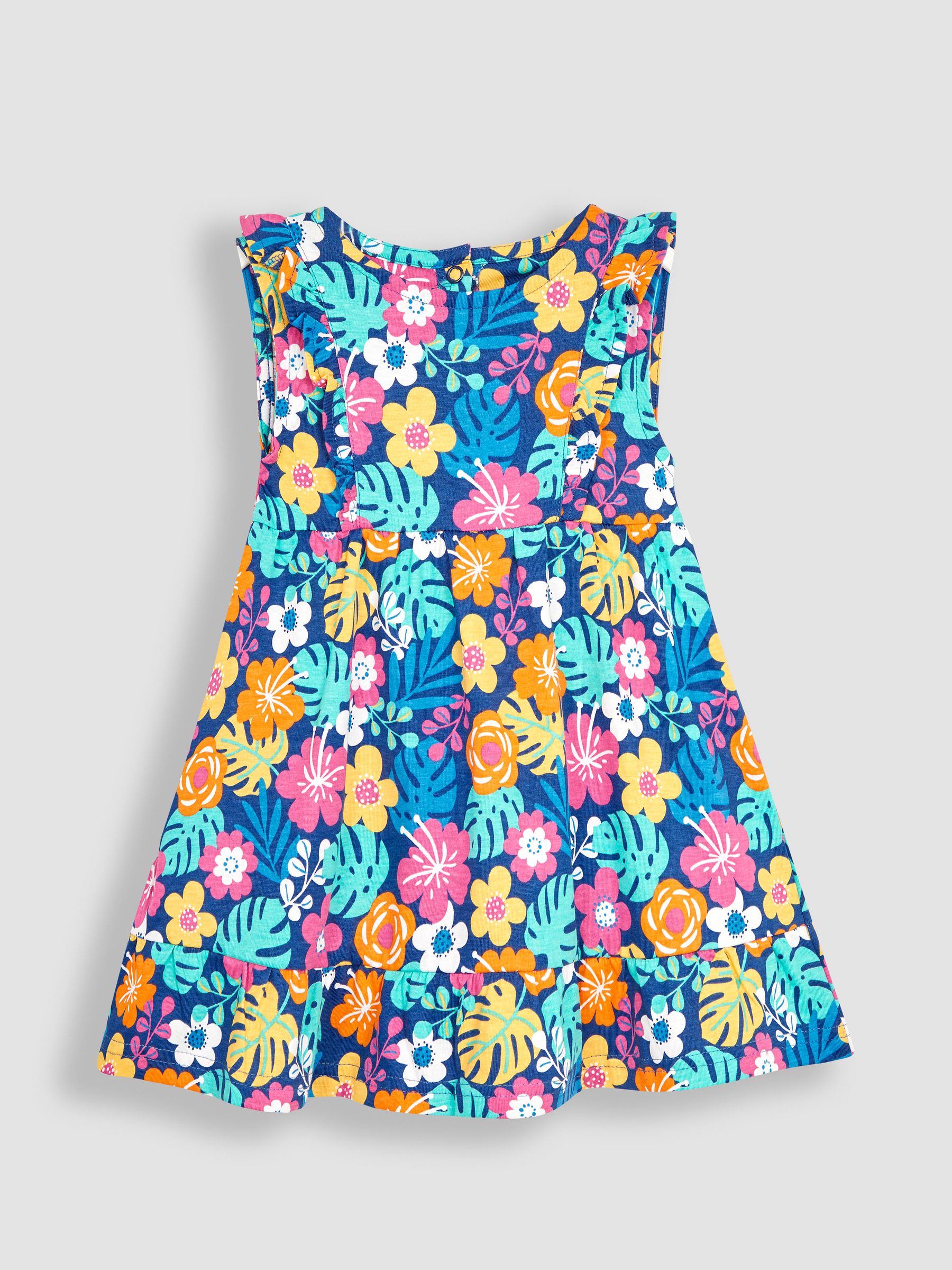Navy Blue Floral Frill Shoulder Pretty Summer Jersey Dress - Image 1 of 3