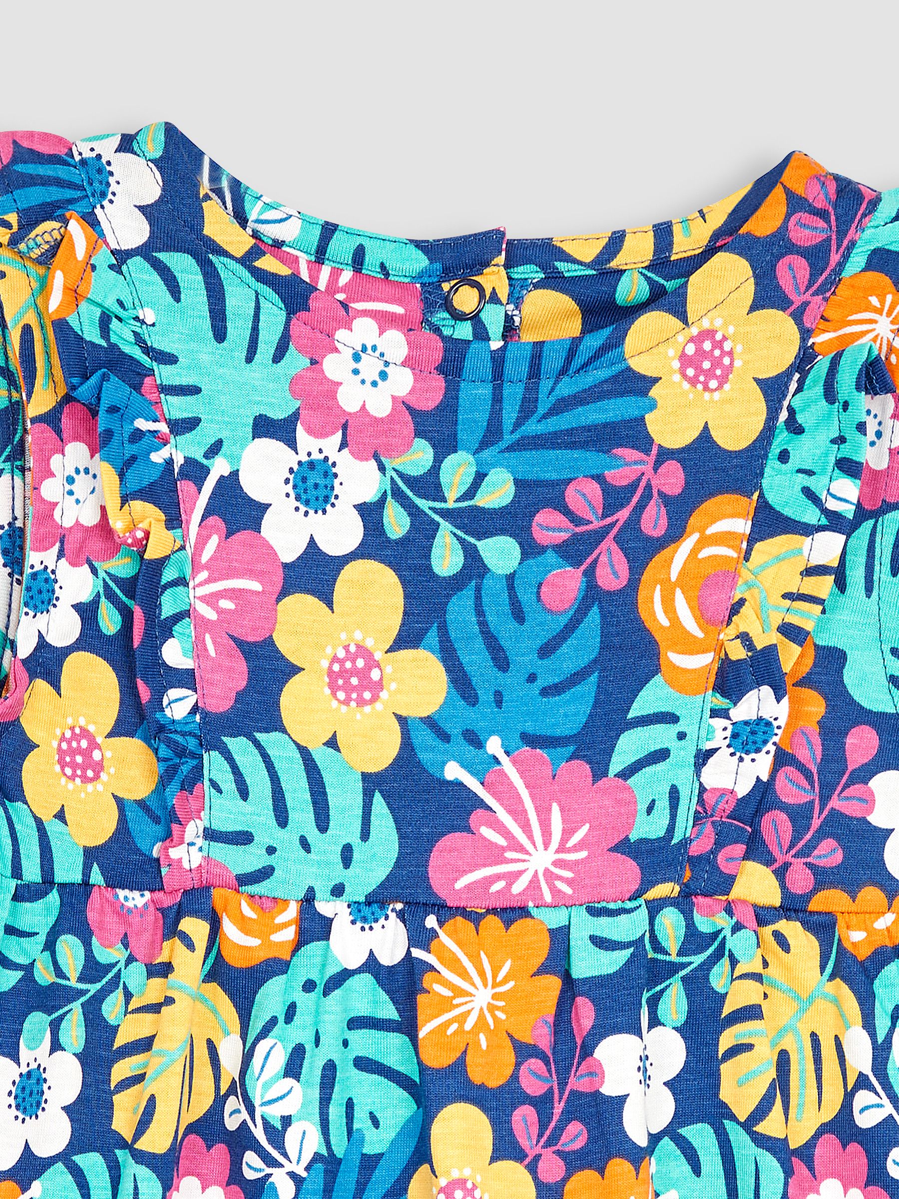 Navy Blue Floral Frill Shoulder Pretty Summer Jersey Dress - Image 2 of 3