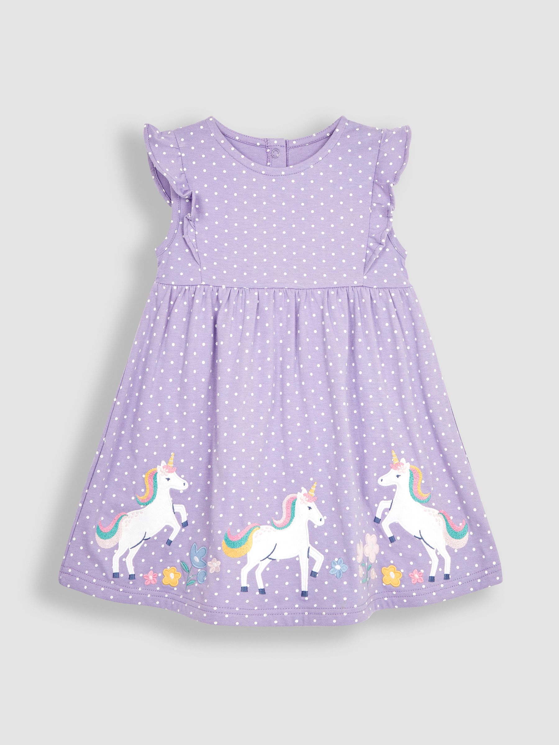 Lilac Purple Unicorn Appliqué Frill Shoulder Pretty Summer Jersey Dress - Image 1 of 3