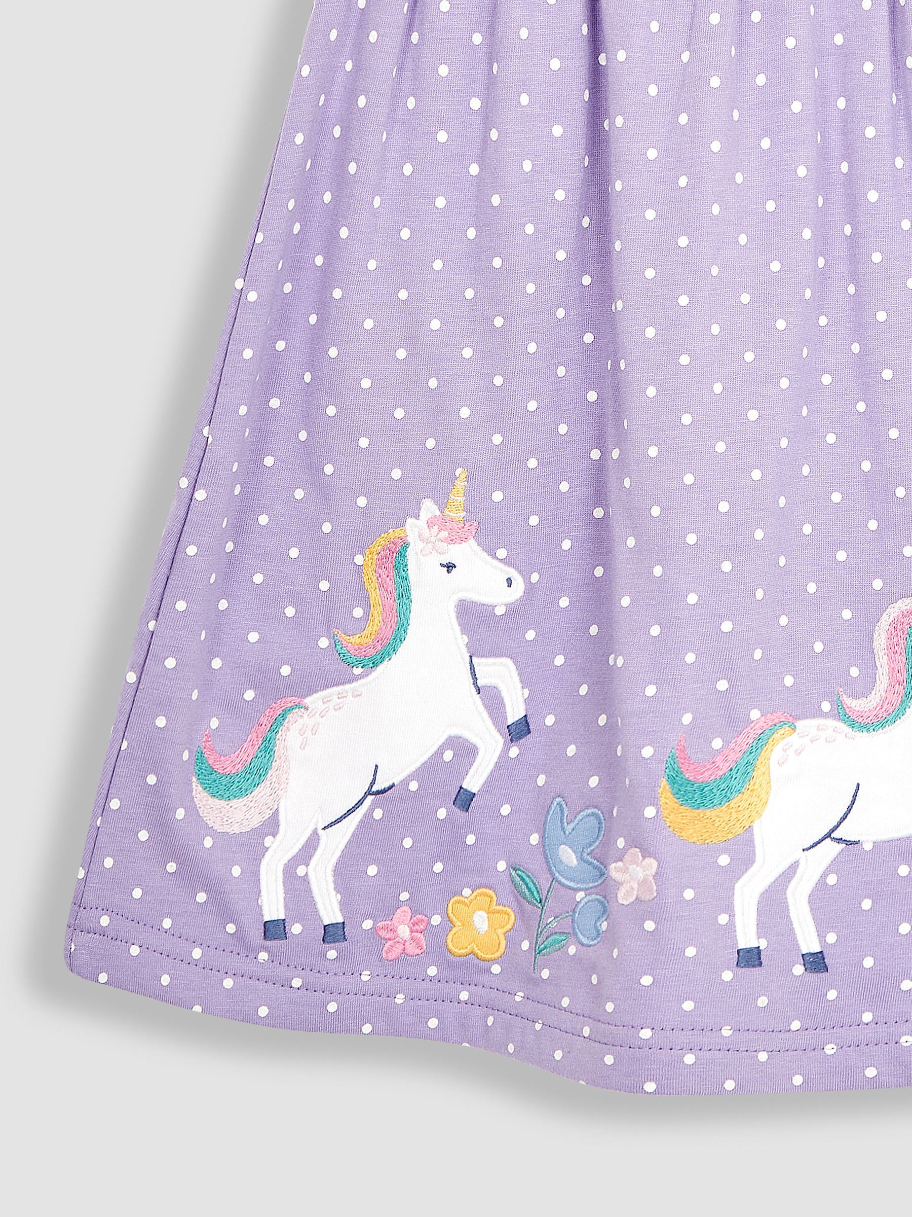 Lilac Purple Unicorn Appliqué Frill Shoulder Pretty Summer Jersey Dress - Image 3 of 3
