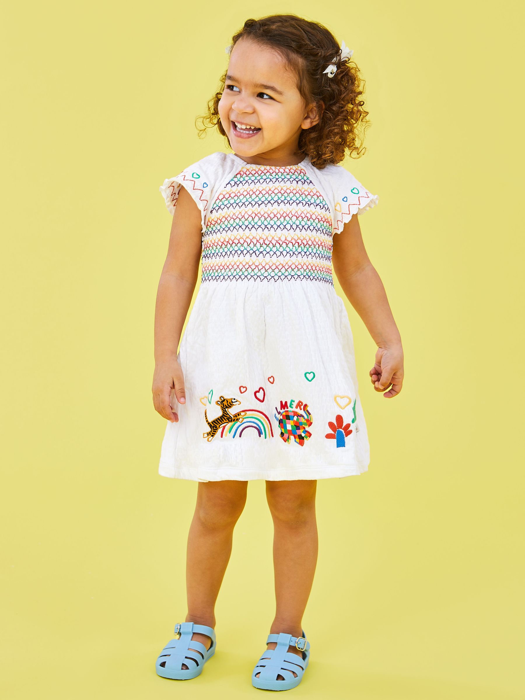 Elmer Appliqué Ruffle Sleeve Smocked Dress in White - Image 1 of 3
