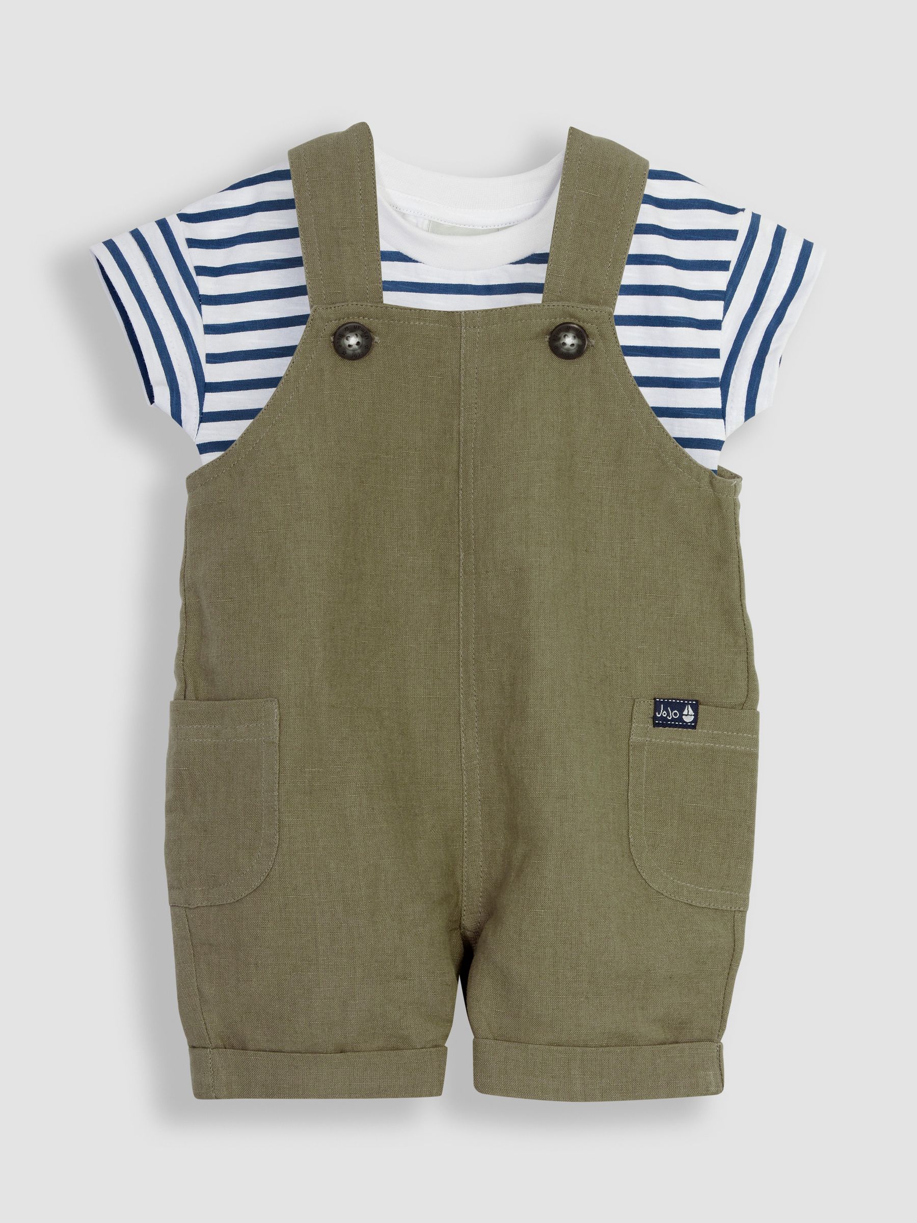 Khaki Green Cotton Linen Dungarees & T-Shirt Set - Image 1 of 5