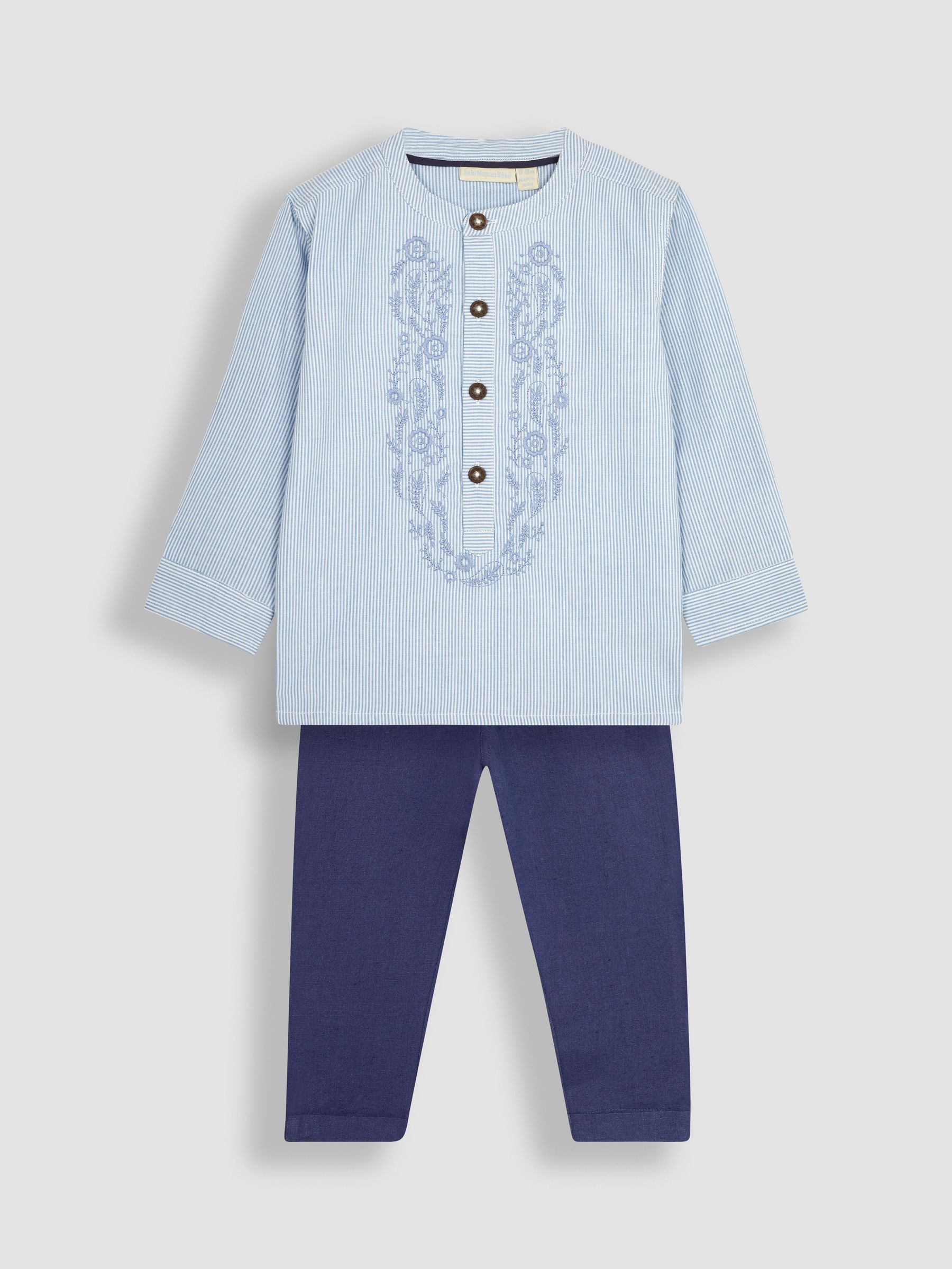 Blue 2-Piece Embroidered Grandad Shirt & Trousers Set - Image 1 of 8